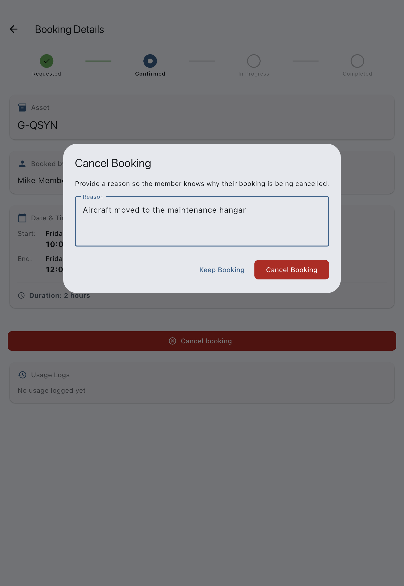 The admin cancel dialog with the Reason field filled in and the Cancel Booking and Keep Booking buttons
