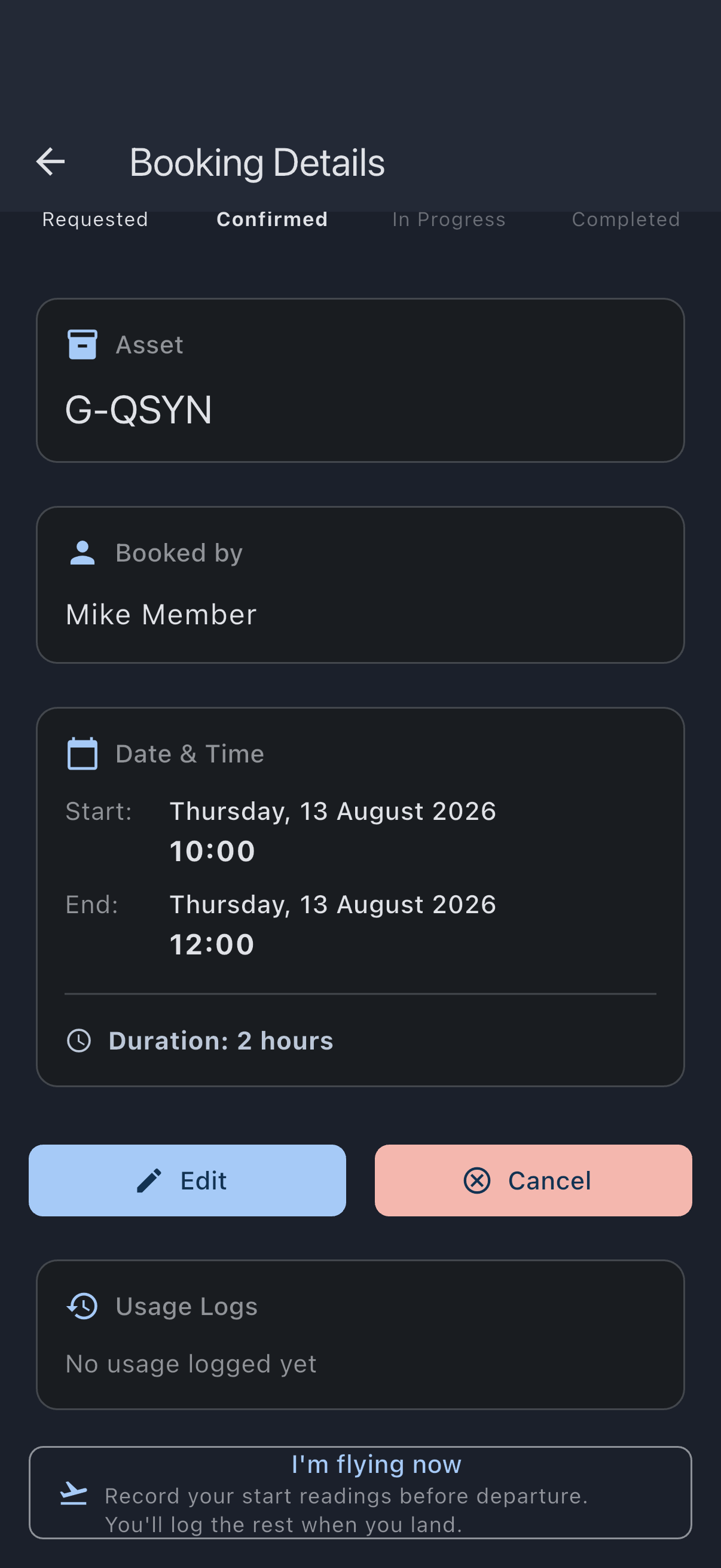 The booking detail screen with the Cancel Booking button at the foot of the screen