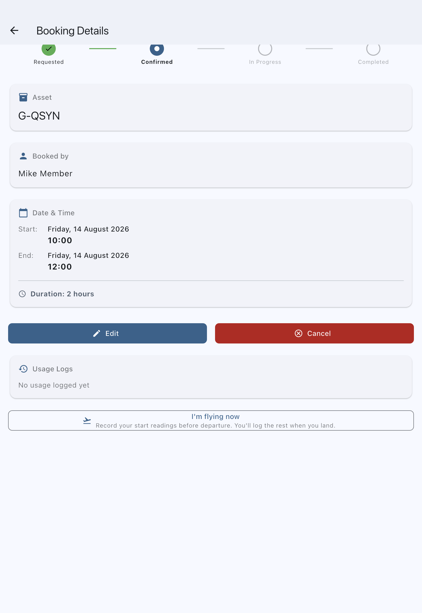 The booking detail screen with the Cancel Booking button at the foot of the screen