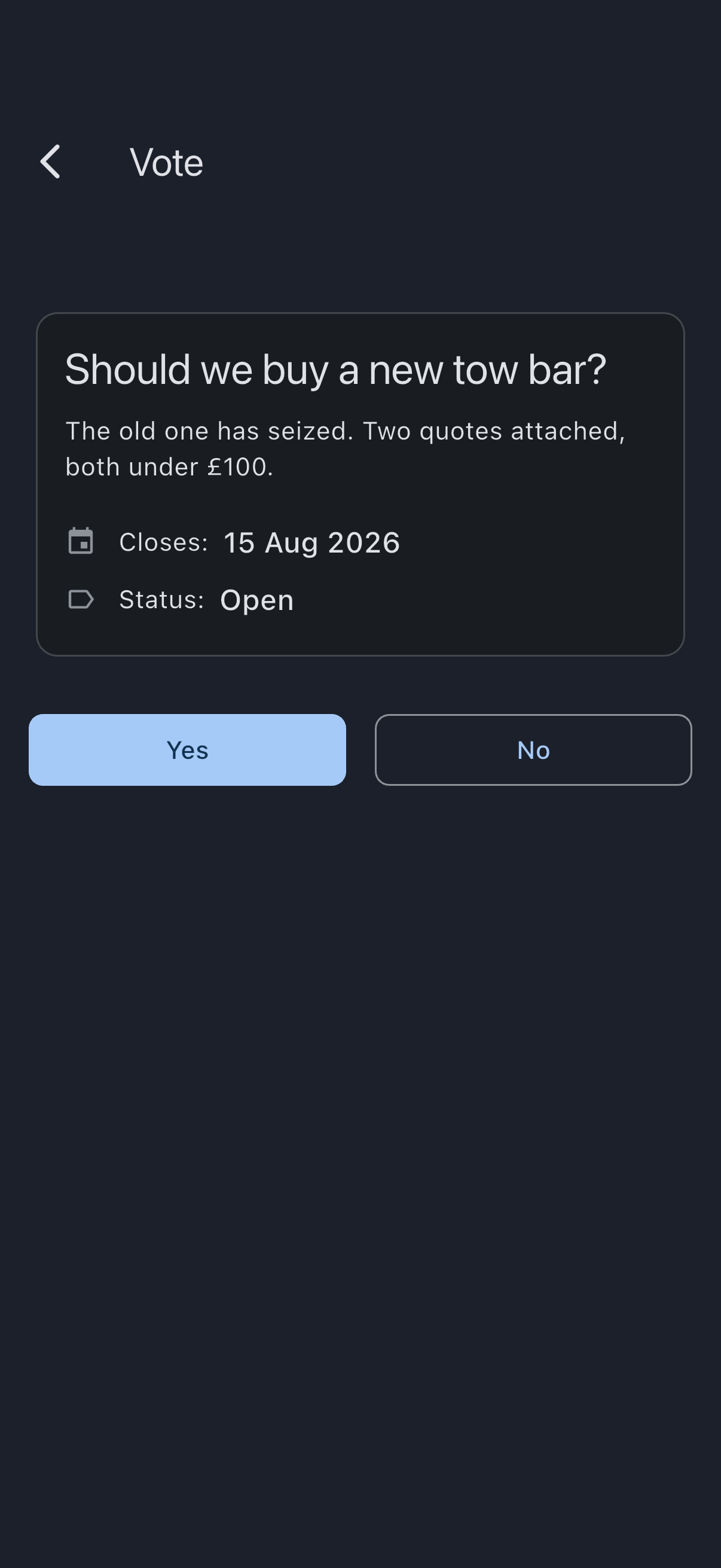 An open vote's detail screen showing the question, its closing date and Open status, and the Yes and No buttons beneath them