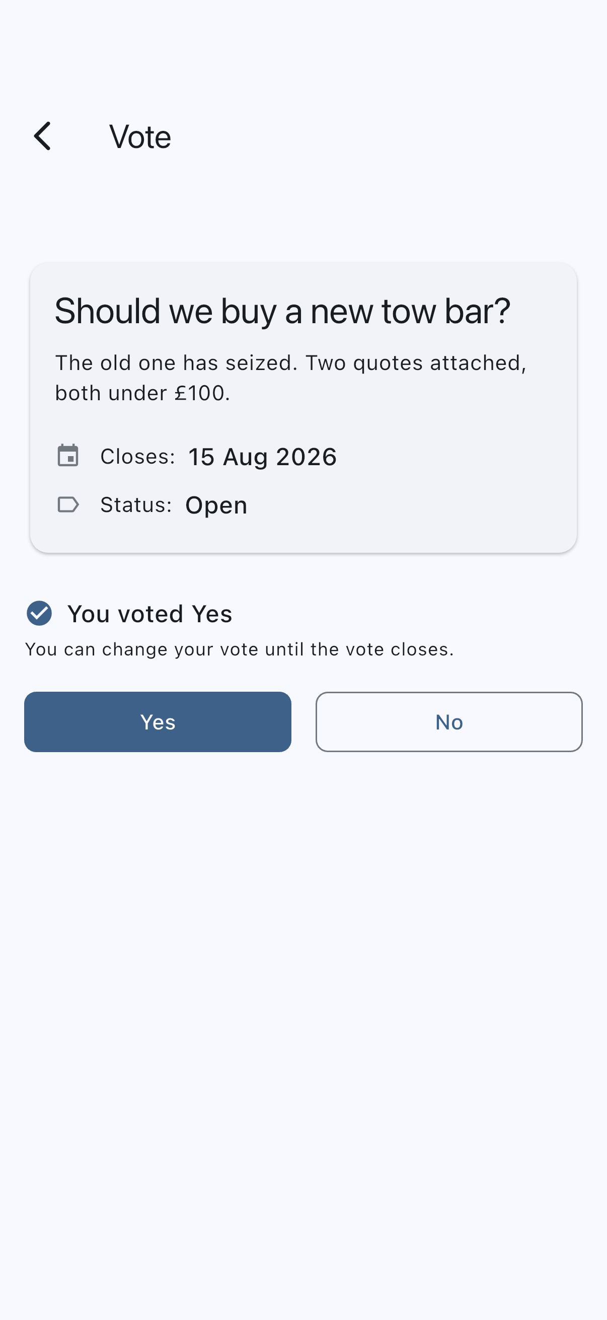 The same vote after voting, reading You voted Yes above the note that you can change your vote until the vote closes, with the Yes and No buttons still available