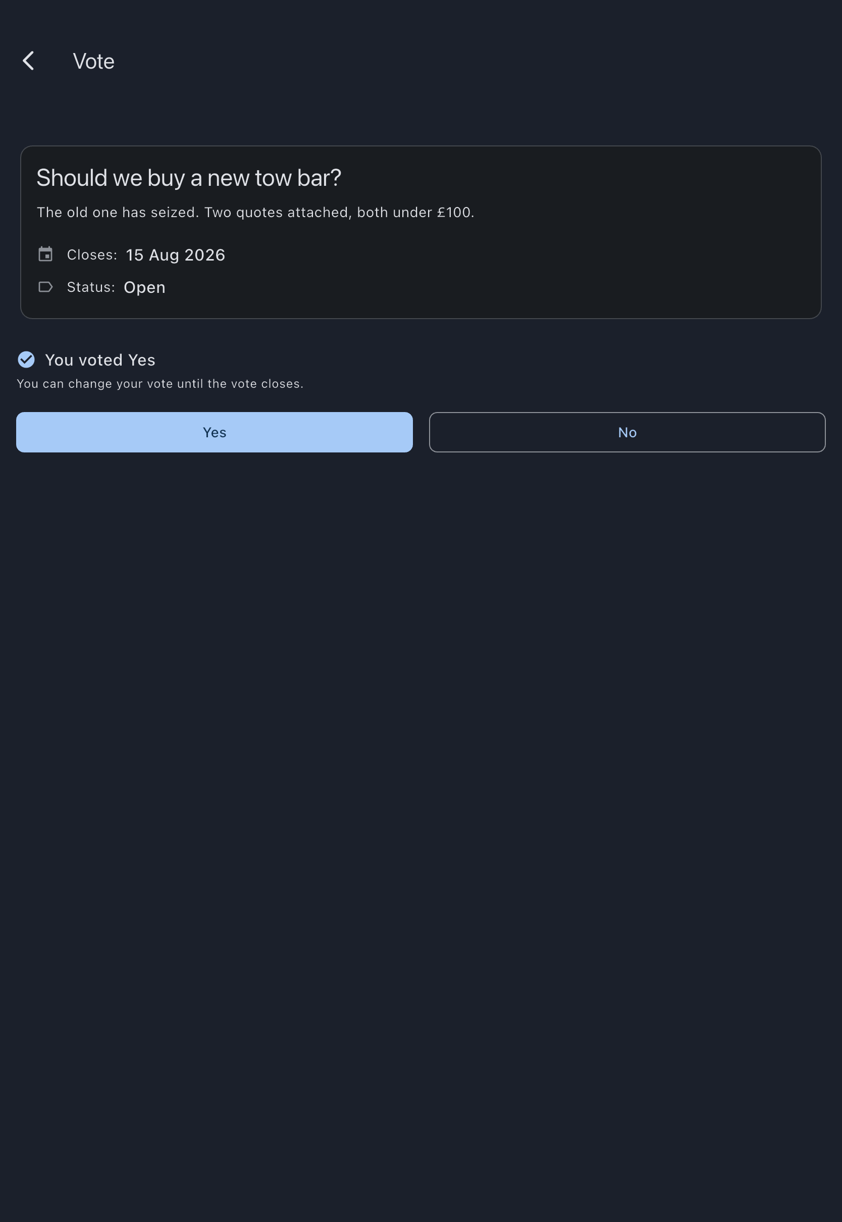 The same vote after voting, reading You voted Yes above the note that you can change your vote until the vote closes, with the Yes and No buttons still available
