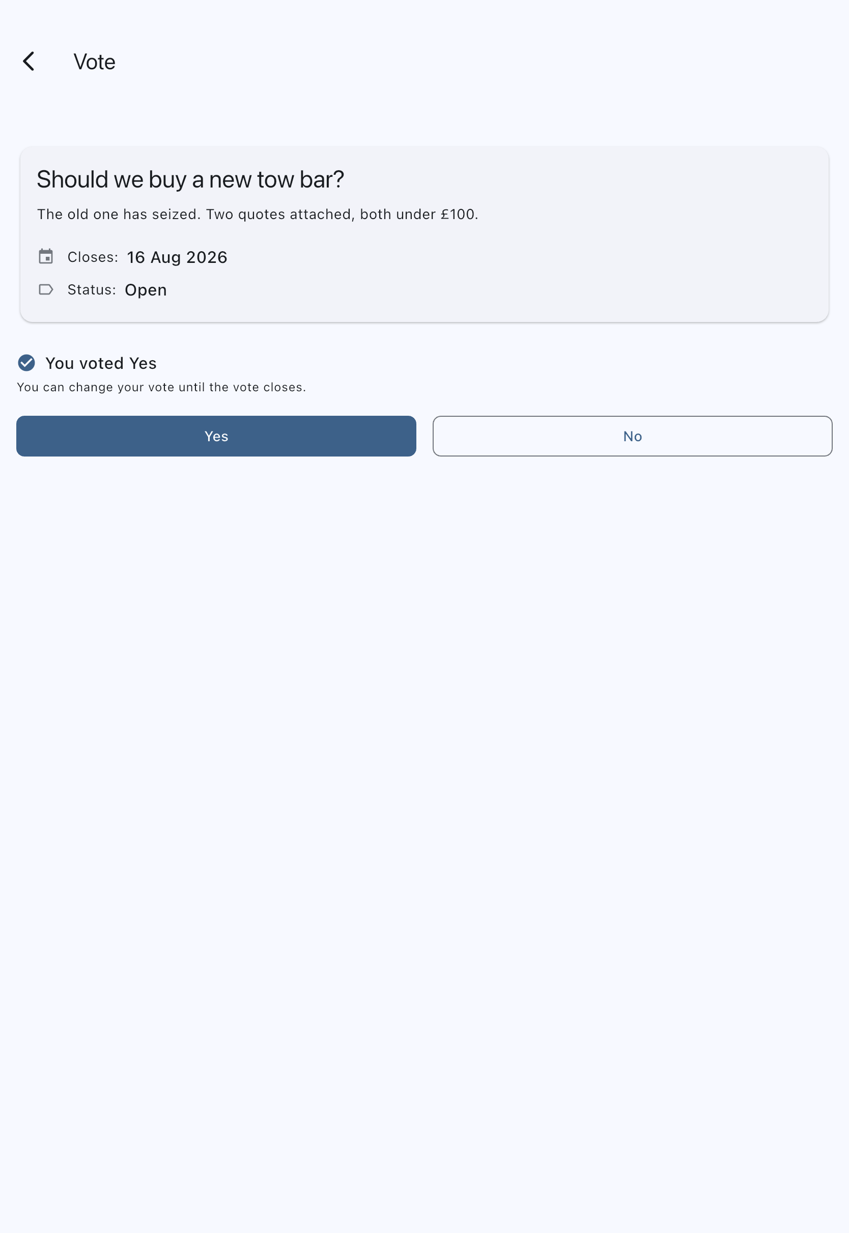 The same vote after voting, reading You voted Yes above the note that you can change your vote until the vote closes, with the Yes and No buttons still available