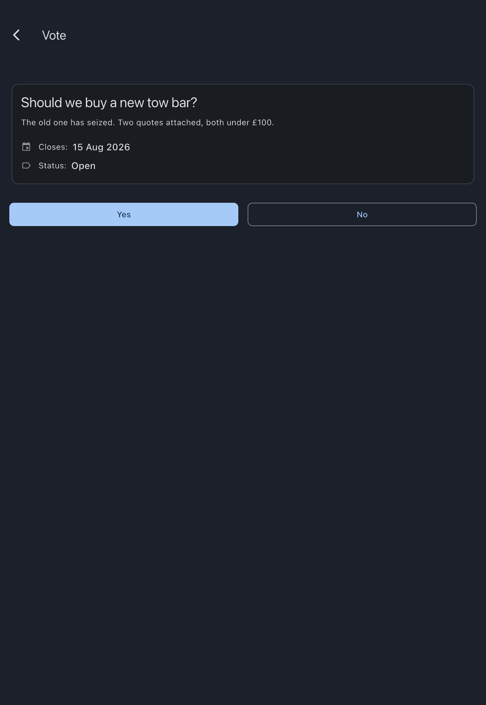 An open vote's detail screen showing the question, its closing date and Open status, and the Yes and No buttons beneath them