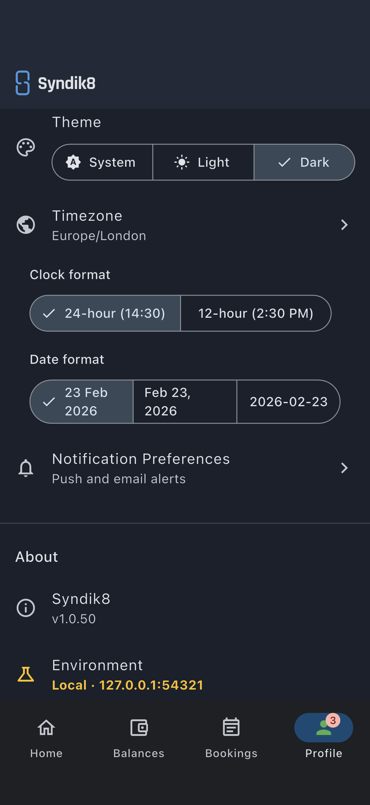 The Preferences section of the Profile screen showing the Clock format segments for 24-hour and 12-hour, above the Date format segments for day-month-year, month-day-year and year-month-day