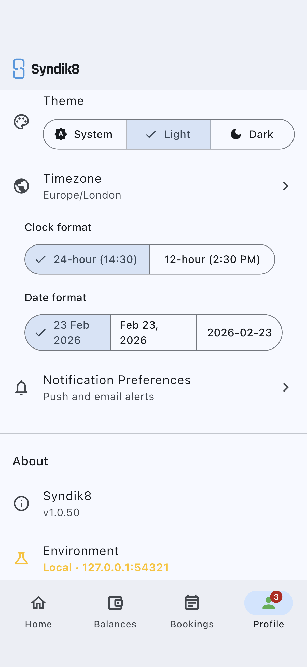 The Preferences section of the Profile screen showing the Clock format segments for 24-hour and 12-hour, above the Date format segments for day-month-year, month-day-year and year-month-day