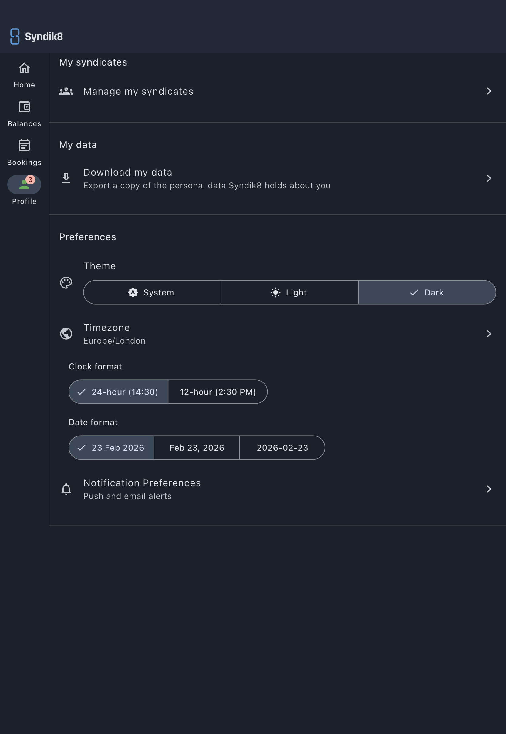 The Preferences section of the Profile screen showing the Clock format segments for 24-hour and 12-hour, above the Date format segments for day-month-year, month-day-year and year-month-day