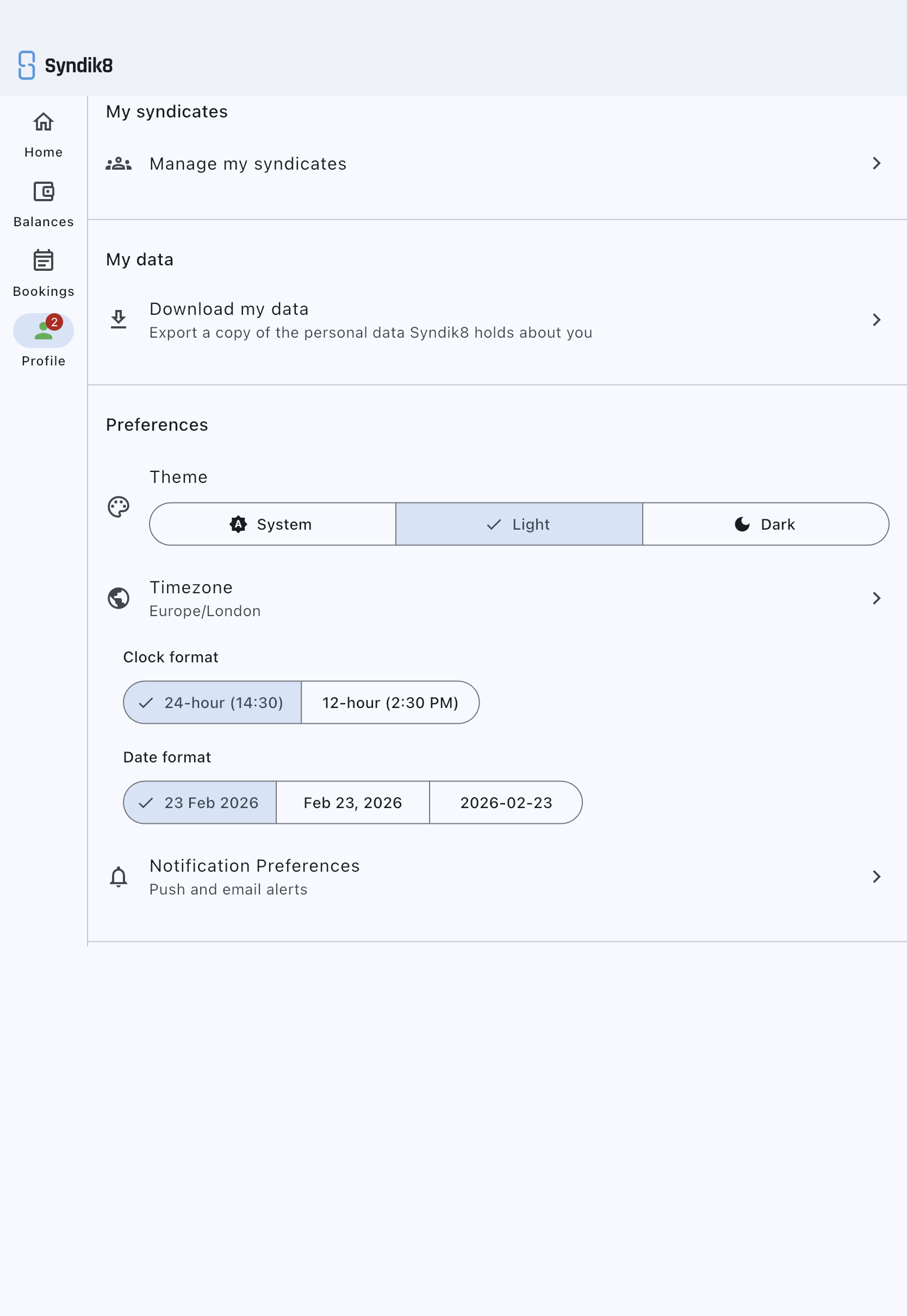 The Preferences section of the Profile screen showing the Clock format segments for 24-hour and 12-hour, above the Date format segments for day-month-year, month-day-year and year-month-day