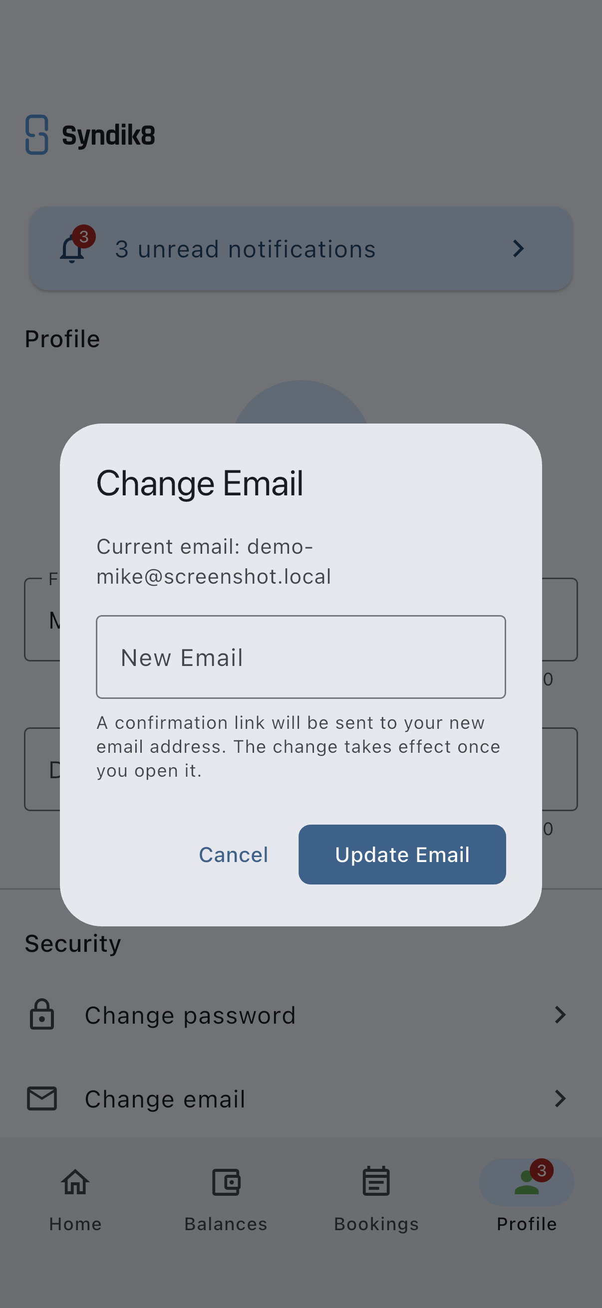 The Change Email dialog showing the current address above an empty New Email field, with a note that a confirmation link will be sent to the new address and that the change takes effect once it is opened, and Cancel and Update Email buttons below