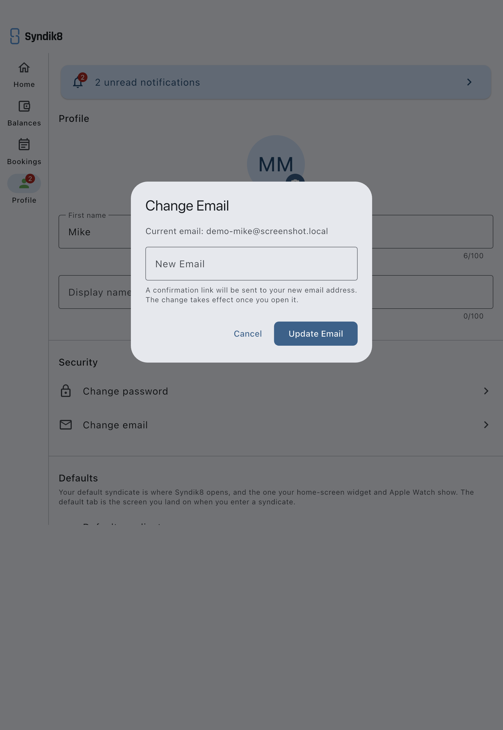 The Change Email dialog showing the current address above an empty New Email field, with a note that a confirmation link will be sent to the new address and that the change takes effect once it is opened, and Cancel and Update Email buttons below