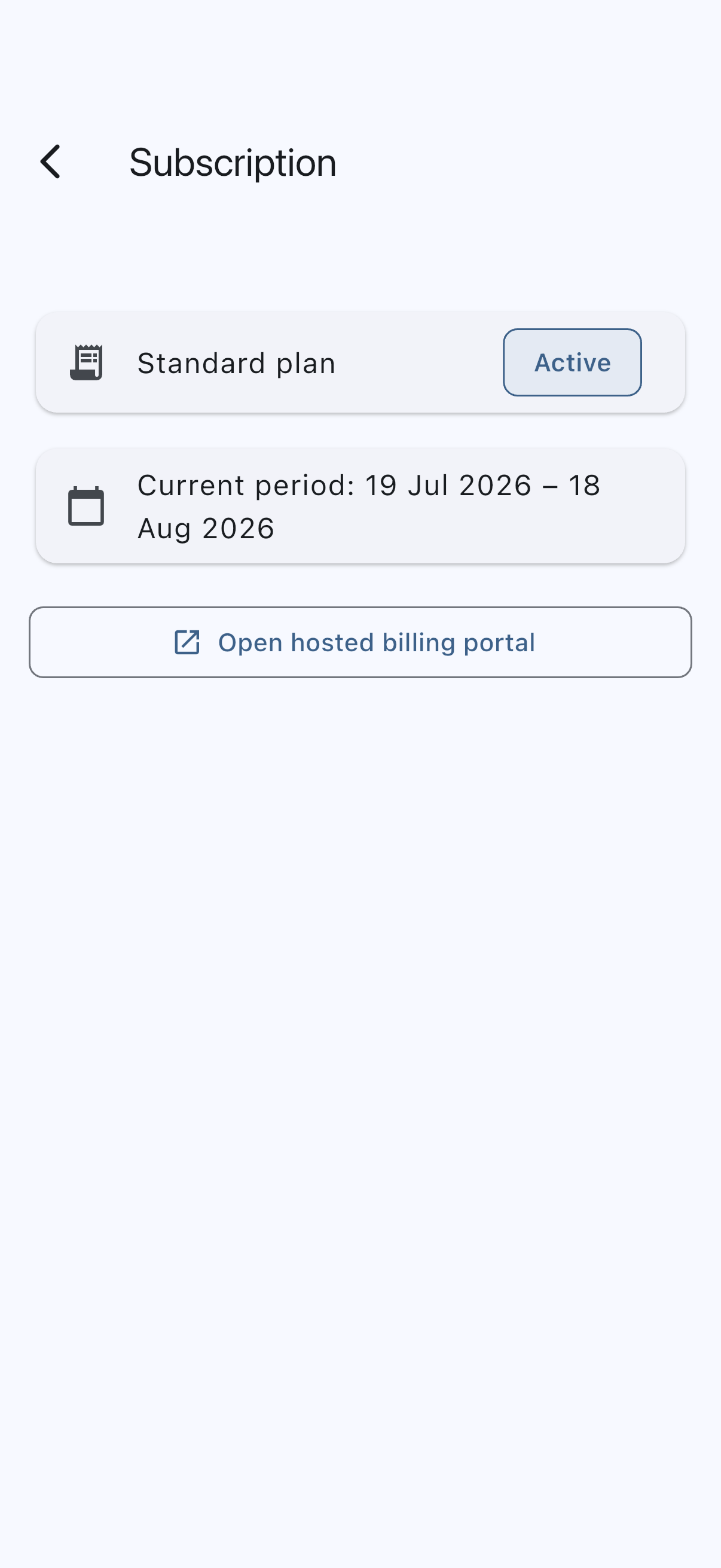 The Subscription screen on the web, showing the plan card with the plan name, its status and the current billing period, above the Open hosted billing portal button