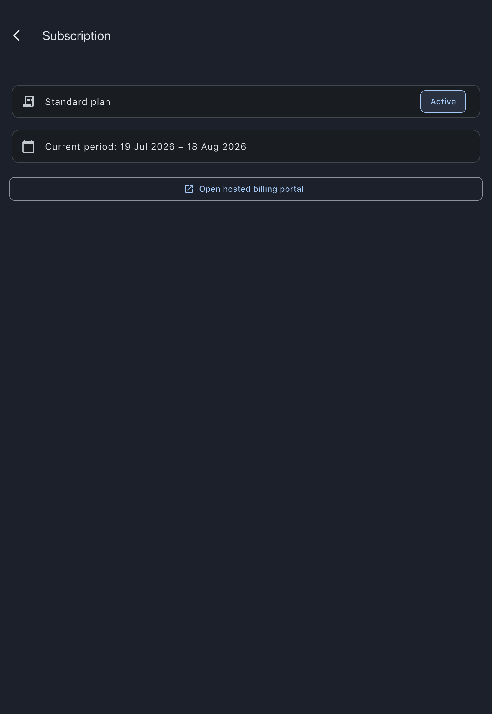 The Subscription screen on the web, showing the plan card with the plan name, its status and the current billing period, above the Open hosted billing portal button
