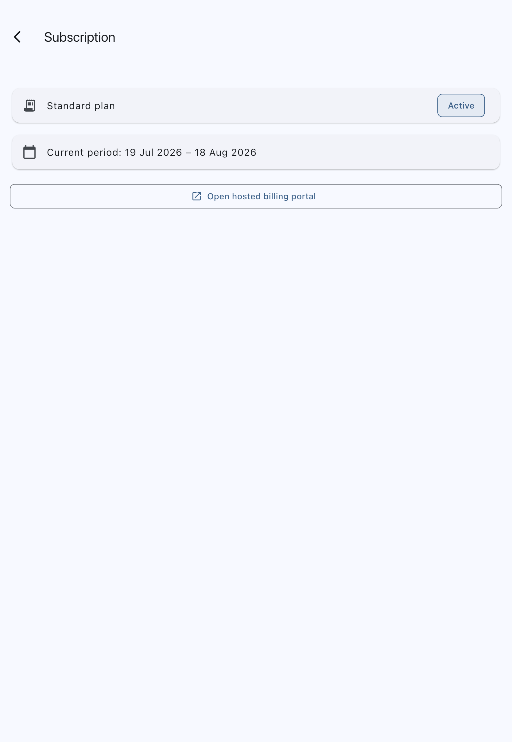 The Subscription screen on the web, showing the plan card with the plan name, its status and the current billing period, above the Open hosted billing portal button