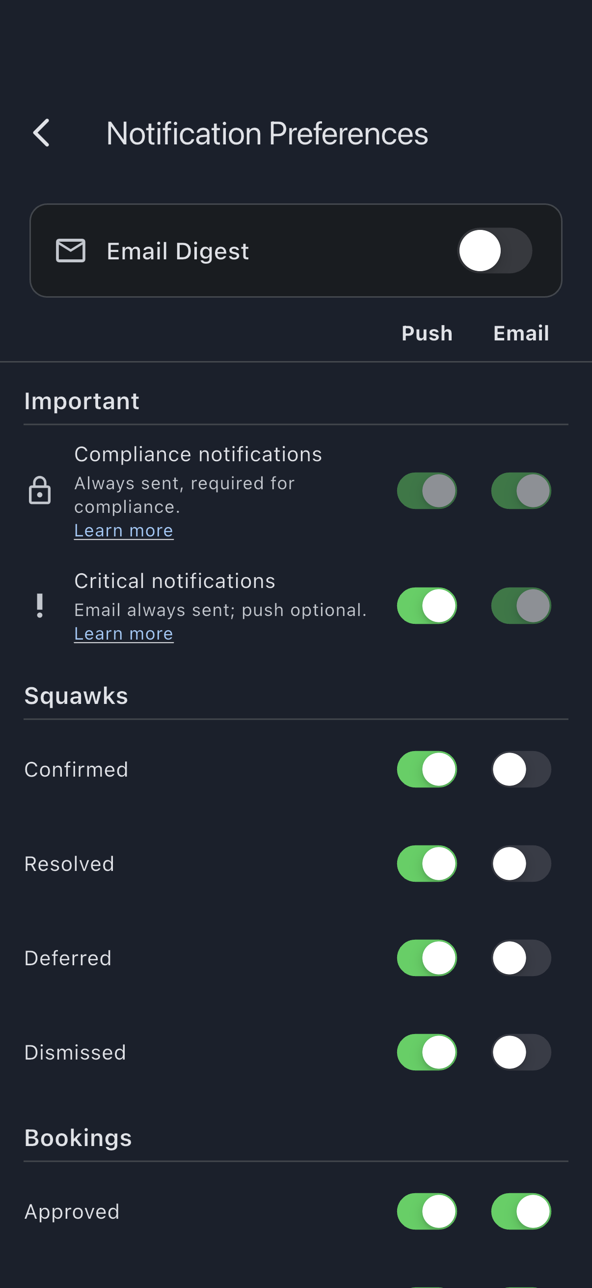 The Notification Preferences screen showing the collapsed Email Digest card, the Important header with its Compliance notifications and Critical notifications rows, and the sticky Push and Email column header below them