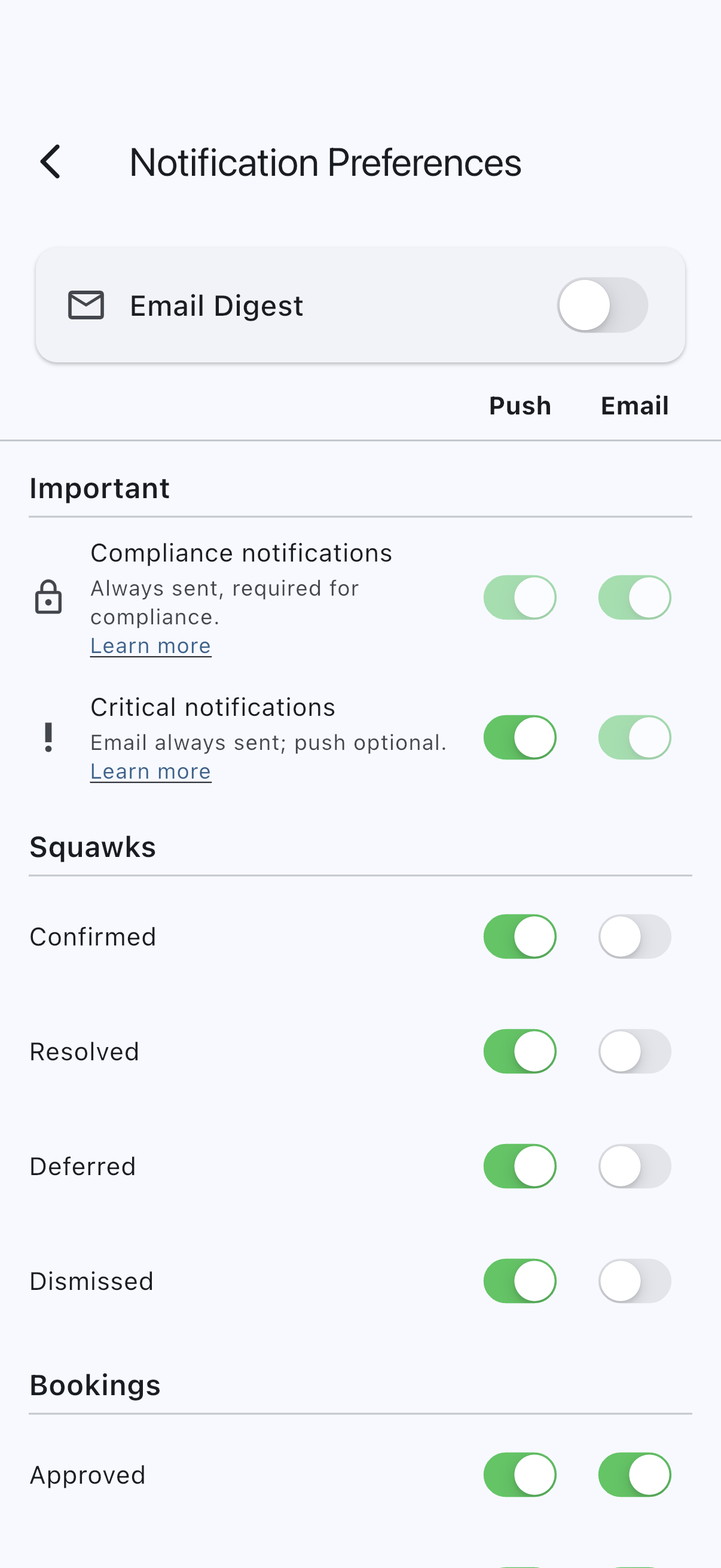 The Notification Preferences screen showing the collapsed Email Digest card, the Important header with its Compliance notifications and Critical notifications rows, and the sticky Push and Email column header below them
