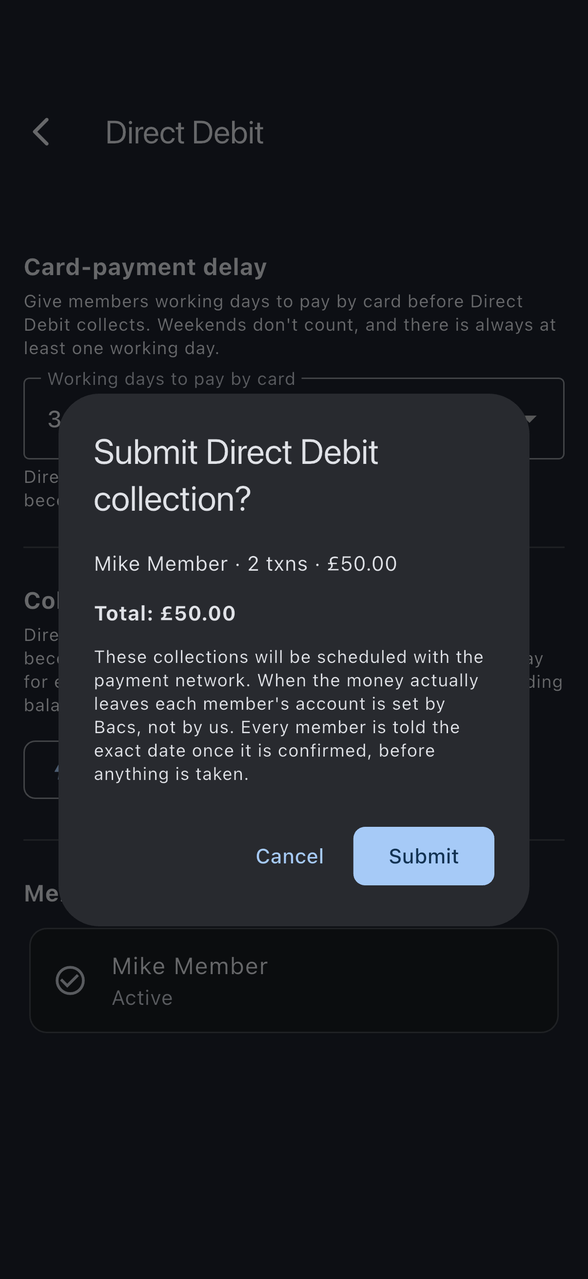 The Direct Debit screen showing Card-payment delay set to three working days and the Collect outstanding balances section, with the Collect now preview open over them, listing a line per member with their transaction count and amount and the total beneath
