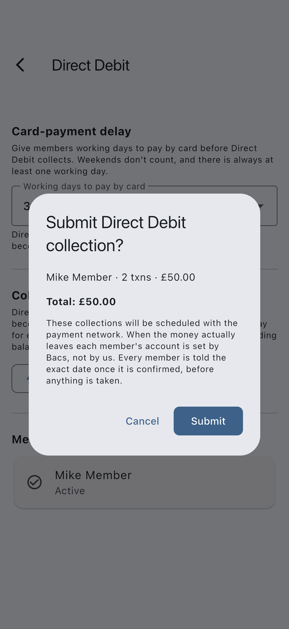 The Direct Debit screen showing Card-payment delay set to three working days and the Collect outstanding balances section, with the Collect now preview open over them, listing a line per member with their transaction count and amount and the total beneath