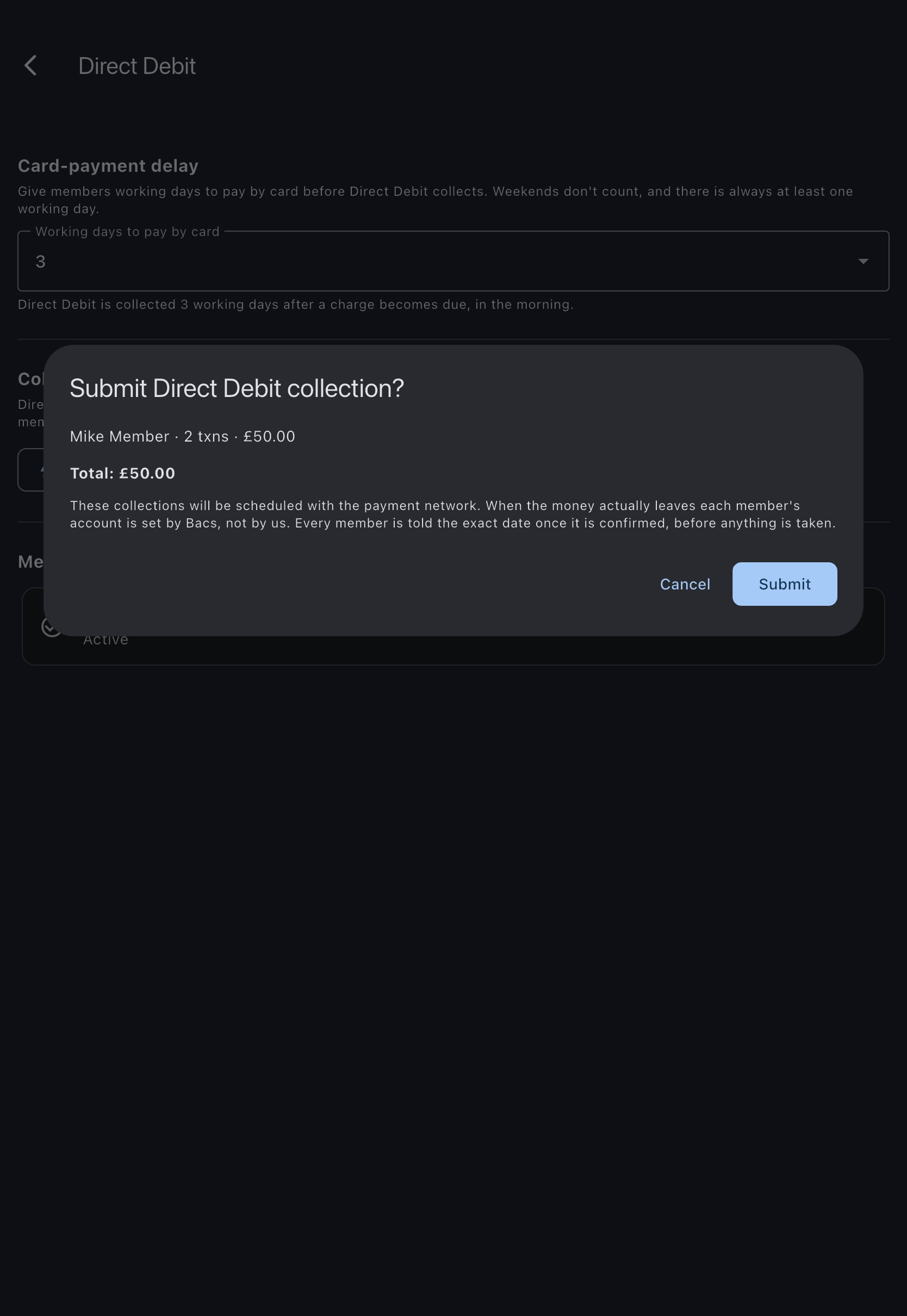 The Direct Debit screen showing Card-payment delay set to three working days and the Collect outstanding balances section, with the Collect now preview open over them, listing a line per member with their transaction count and amount and the total beneath