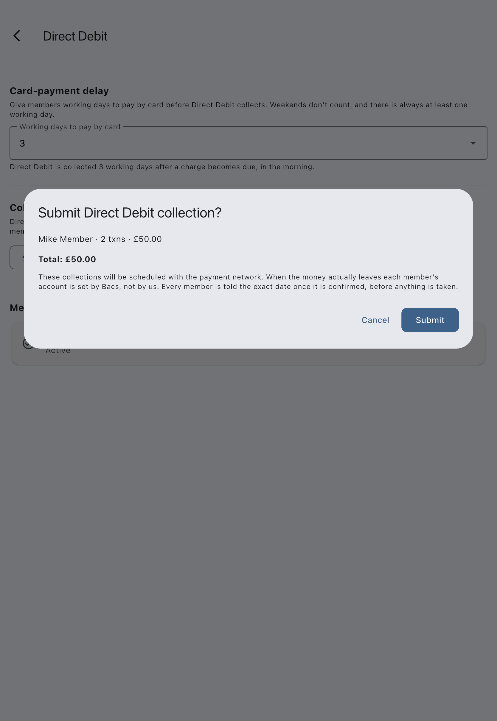 The Direct Debit screen showing Card-payment delay set to three working days and the Collect outstanding balances section, with the Collect now preview open over them, listing a line per member with their transaction count and amount and the total beneath