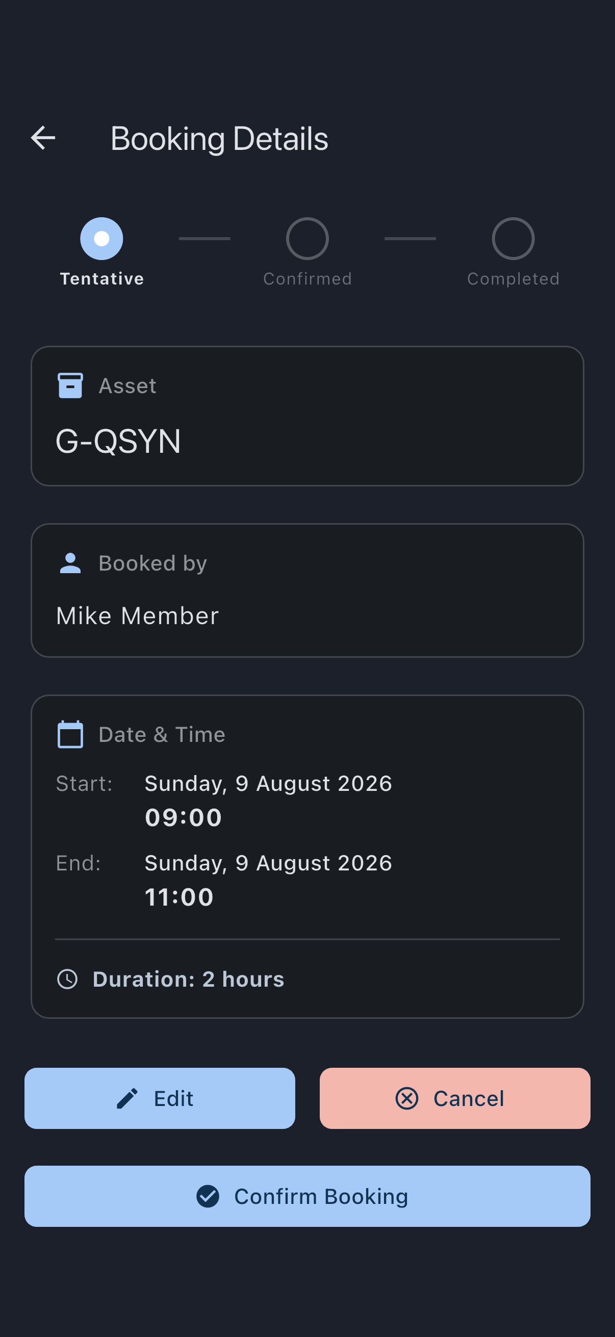 The booking detail screen for a tentative booking, with the Confirm Booking button below the booking details