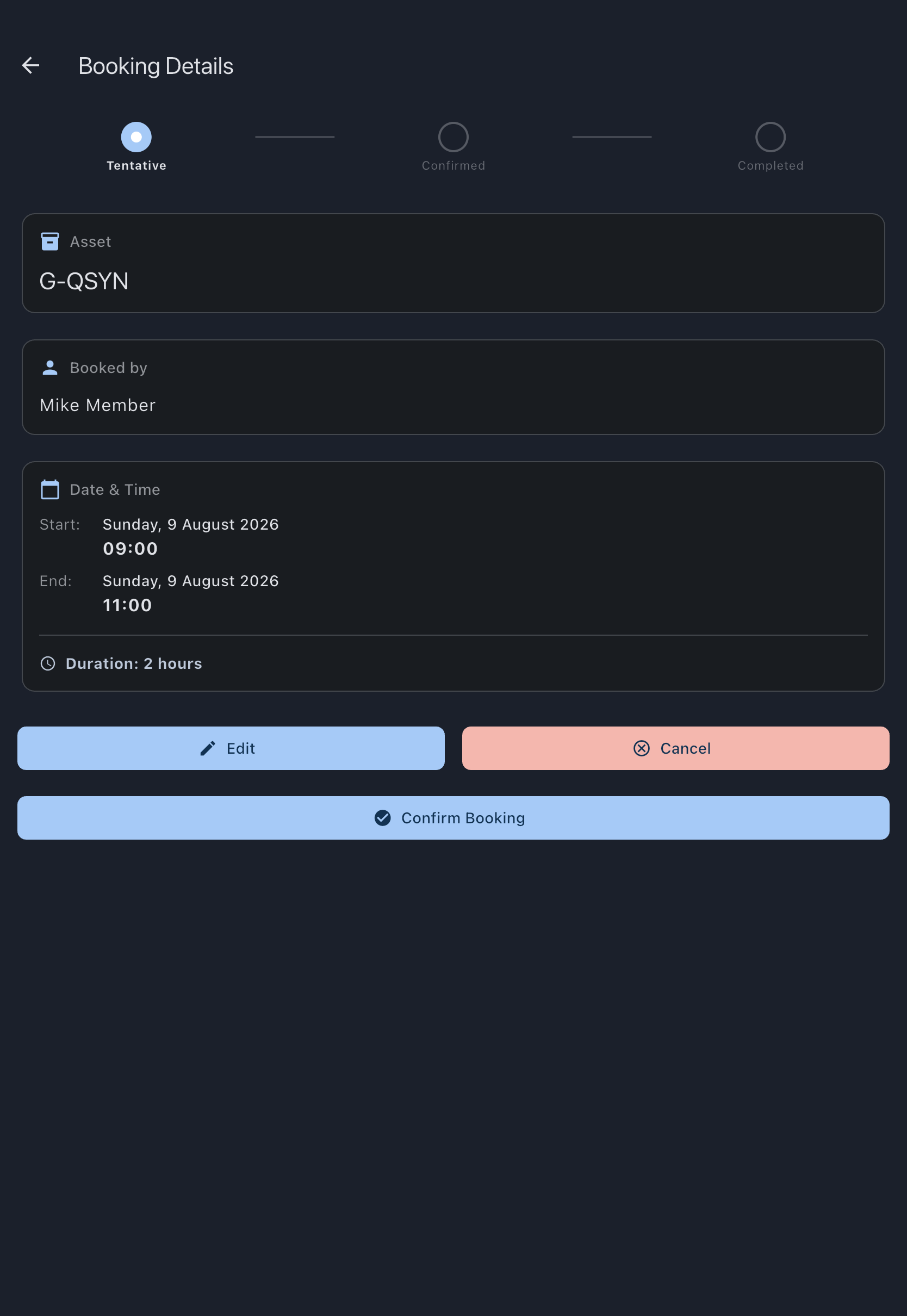 The booking detail screen for a tentative booking, with the Confirm Booking button below the booking details