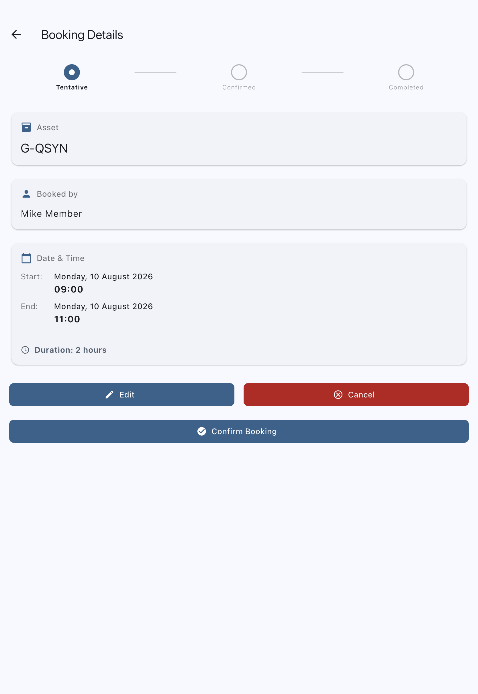 The booking detail screen for a tentative booking, with the Confirm Booking button below the booking details