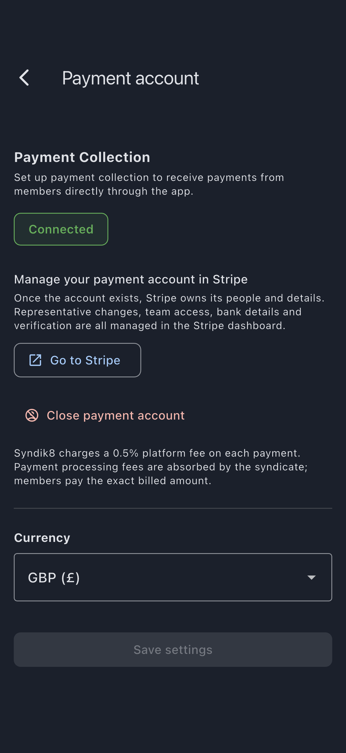 The Payment account screen with the status badge under Payment Collection reading Connected, above the Go to Stripe action