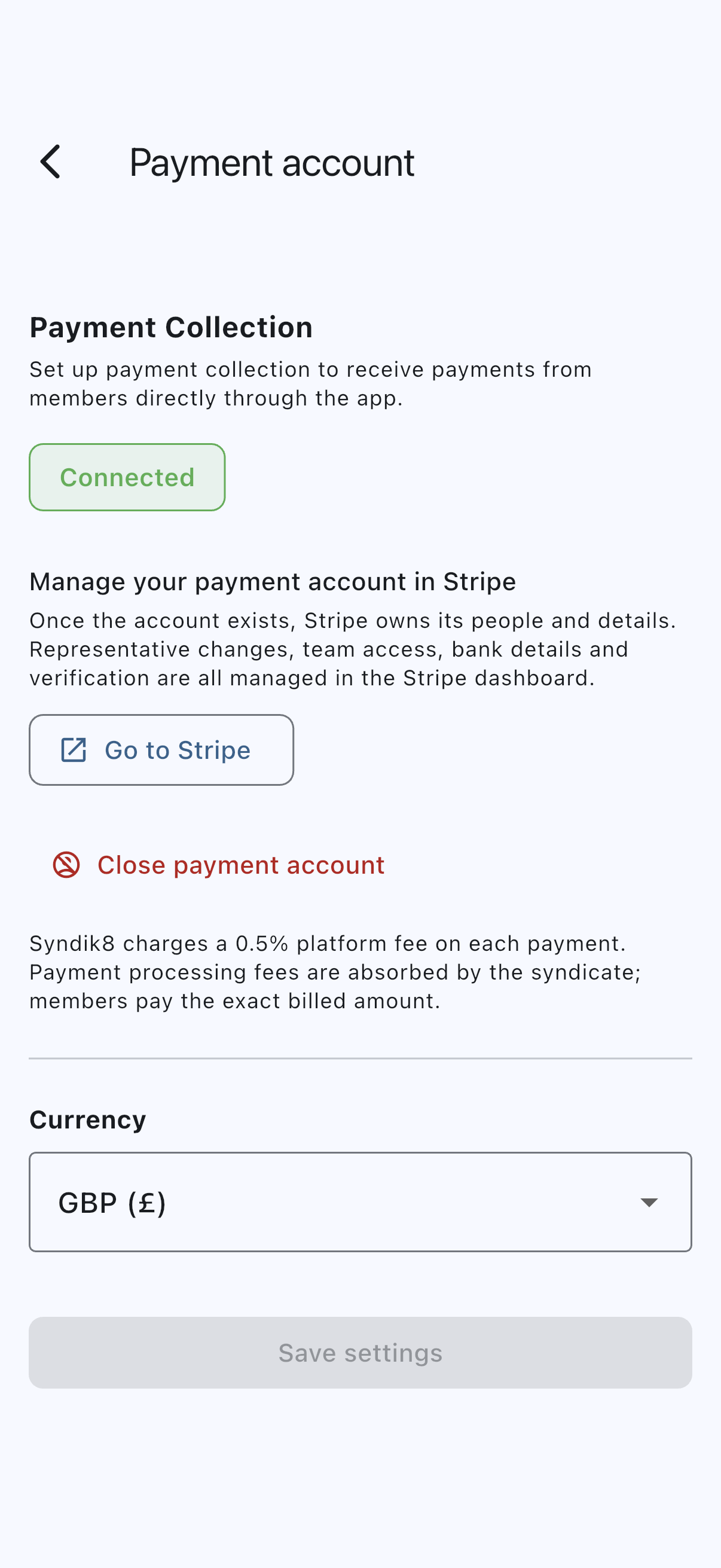 The Payment account screen with the status badge under Payment Collection reading Connected, above the Go to Stripe action