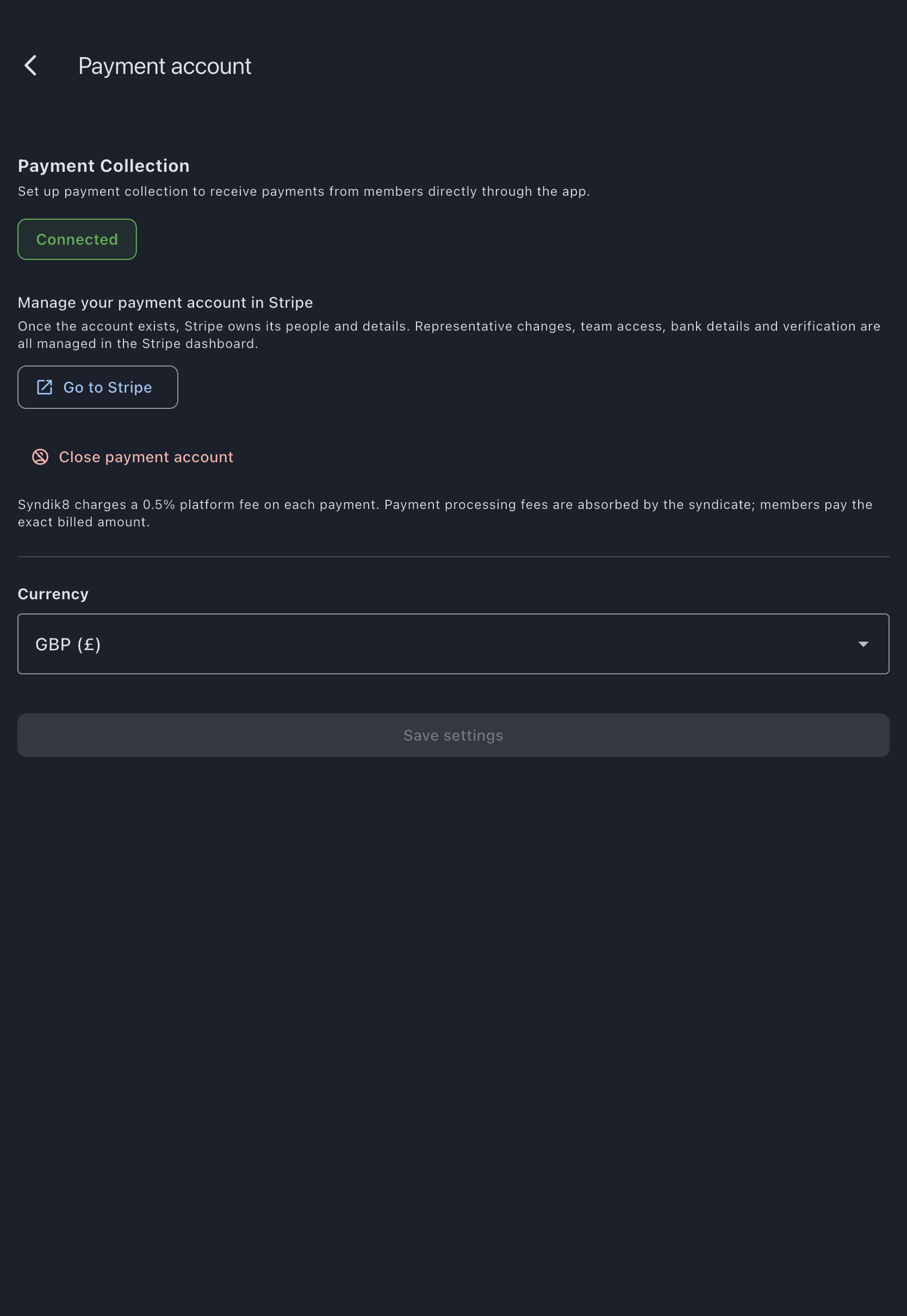 The Payment account screen with the status badge under Payment Collection reading Connected, above the Go to Stripe action