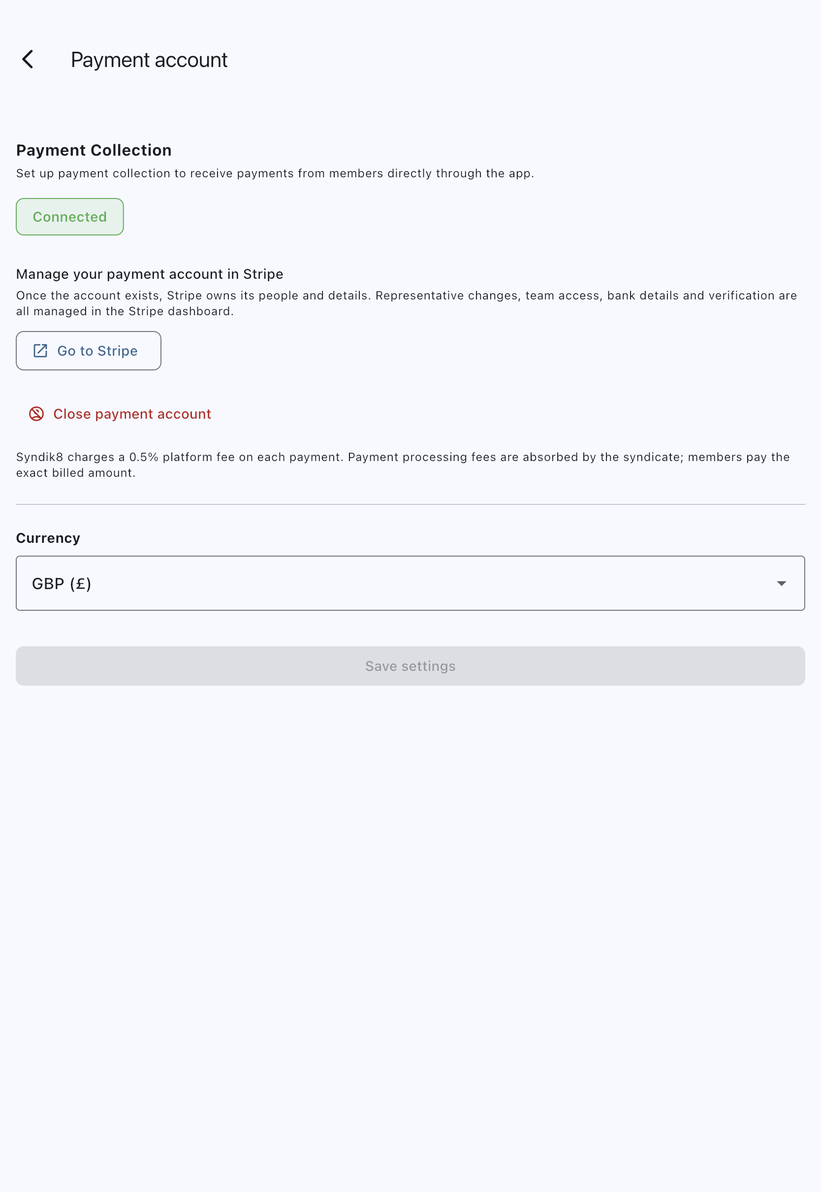 The Payment account screen with the status badge under Payment Collection reading Connected, above the Go to Stripe action