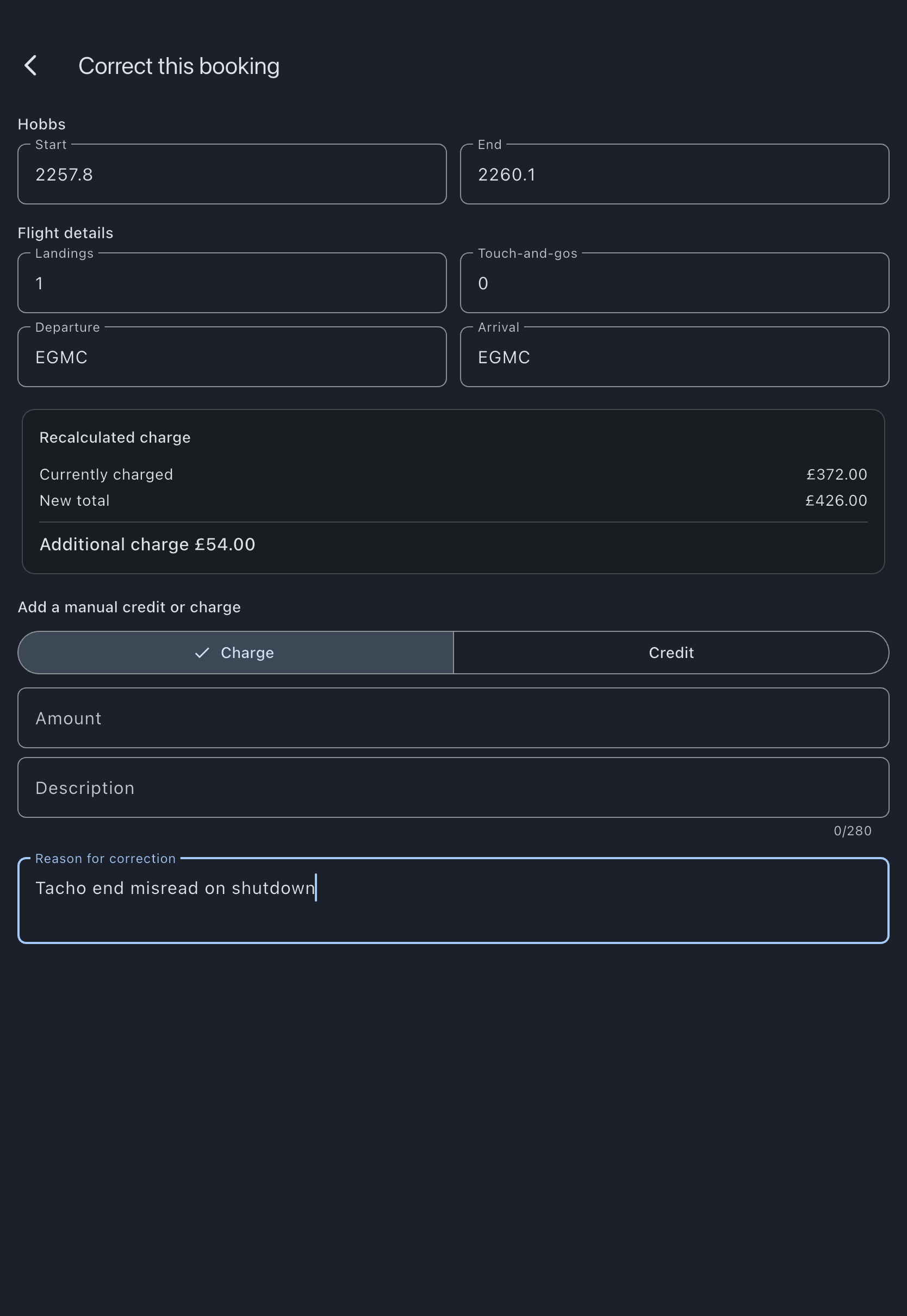The Correct this booking screen with corrected meter readings entered, the recalculated charge difference against the current total, and the reason field
