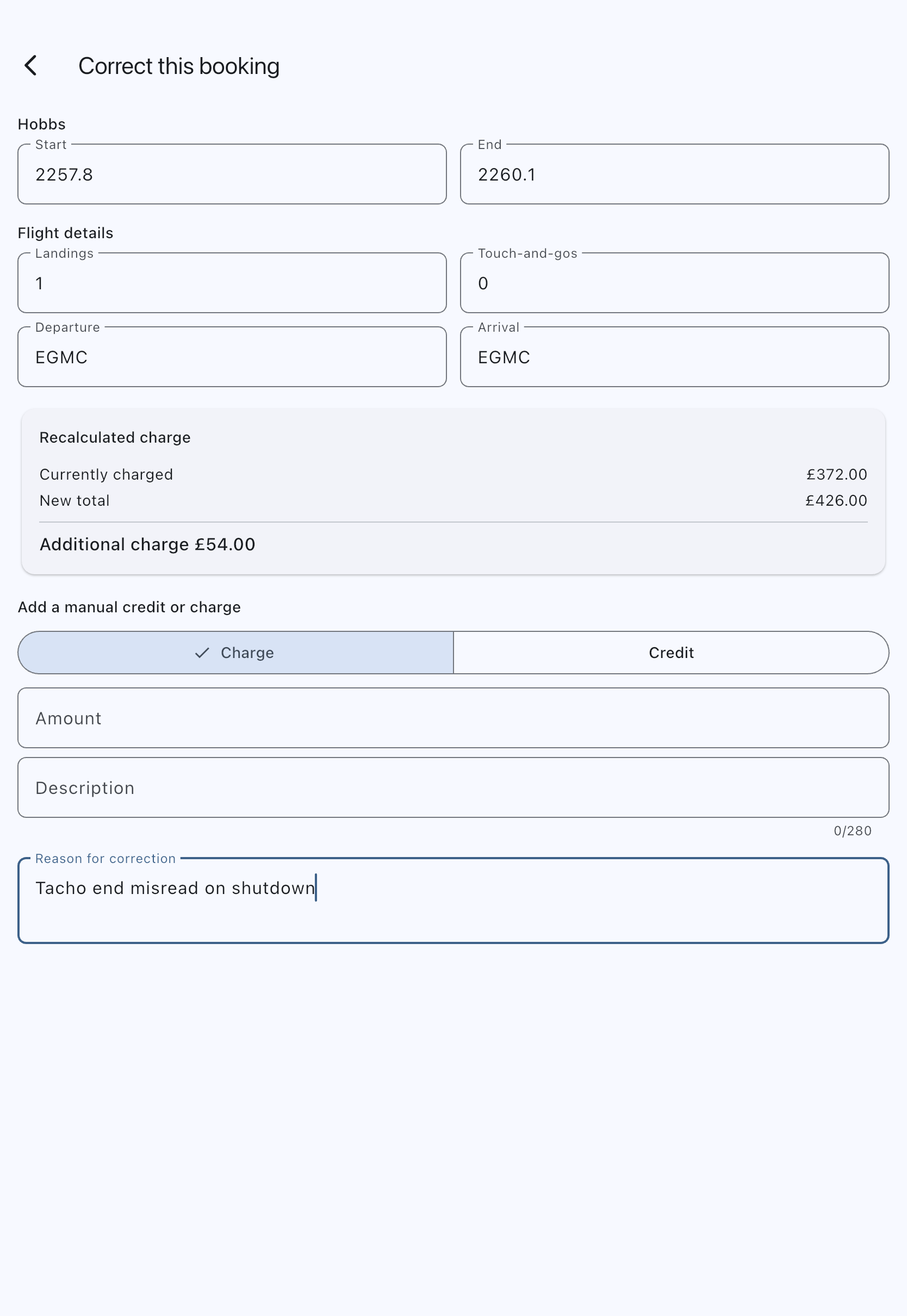 The Correct this booking screen with corrected meter readings entered, the recalculated charge difference against the current total, and the reason field