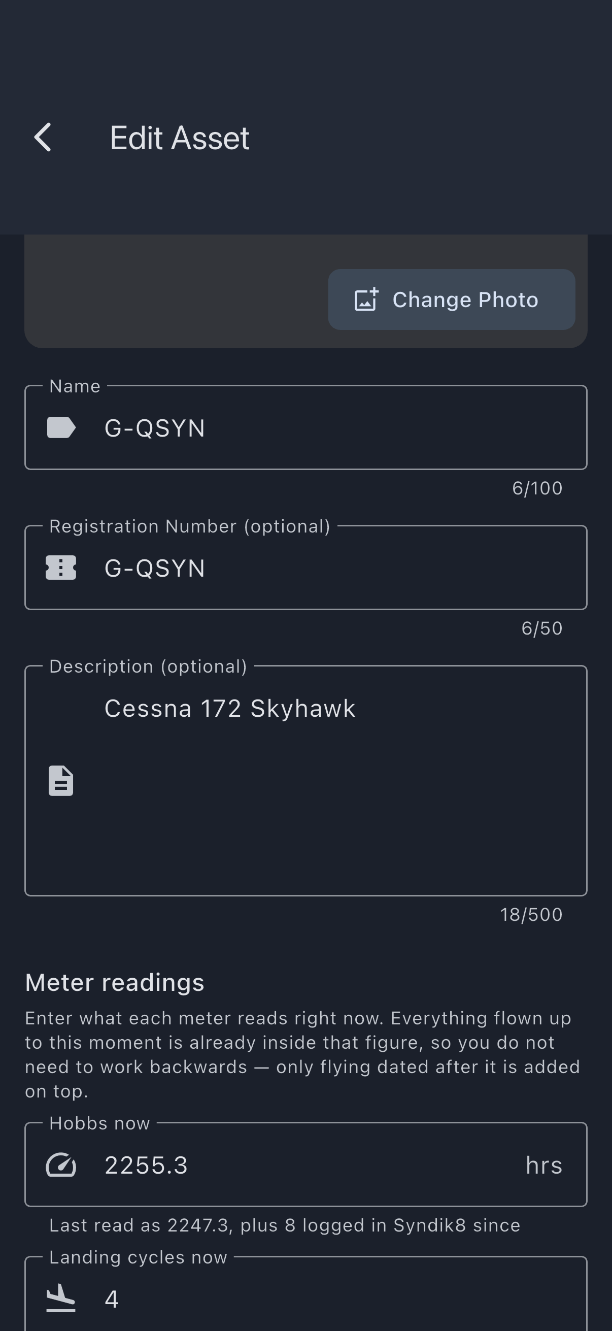 The Meter readings section of the Edit Asset screen, each measure showing what it reads now above a line explaining what it was last read as and how much has been logged in Syndik8 since