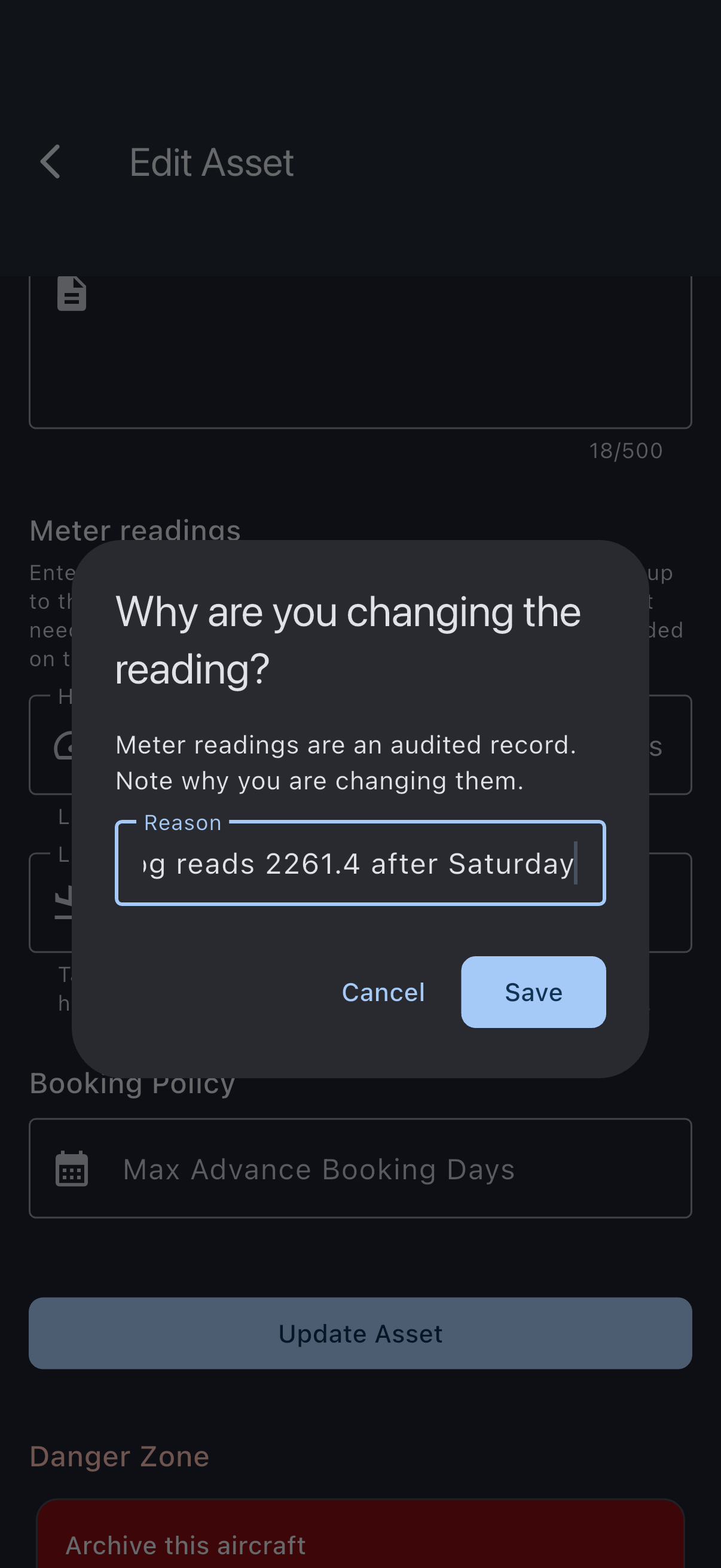 The prompt asking why the reading is being changed, with a short reason typed in
