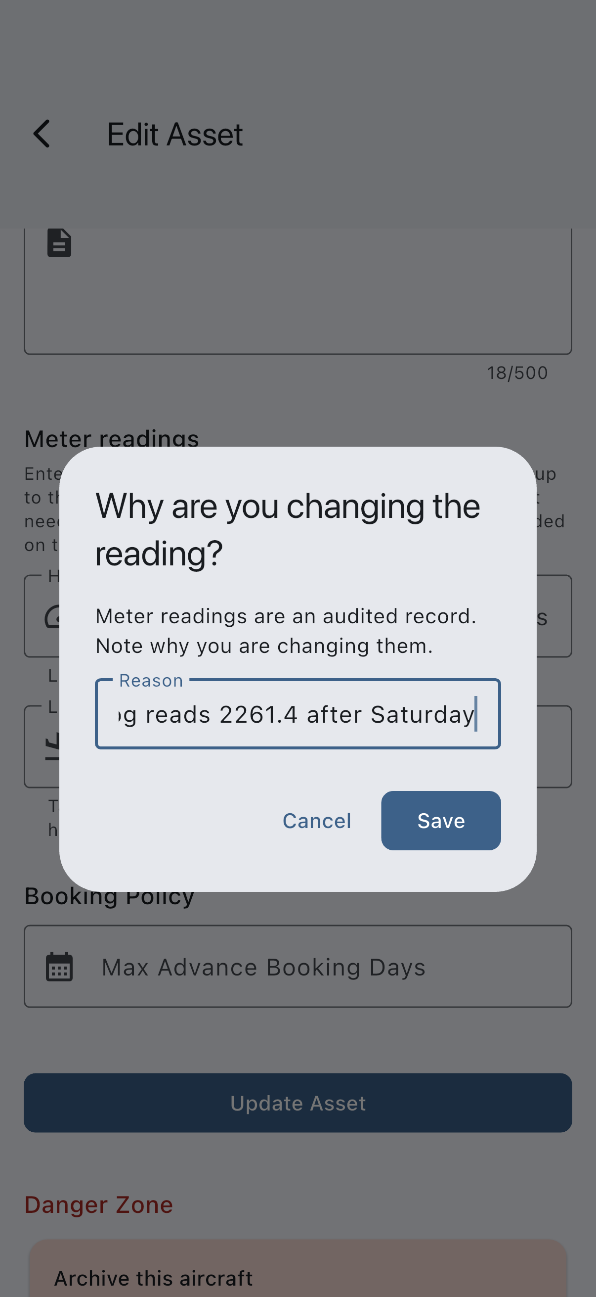 The prompt asking why the reading is being changed, with a short reason typed in