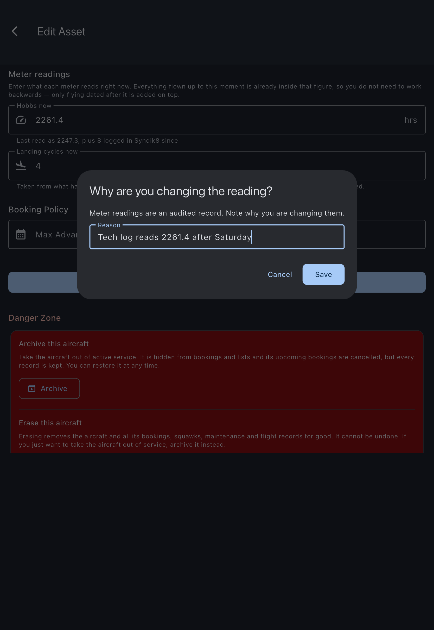 The prompt asking why the reading is being changed, with a short reason typed in