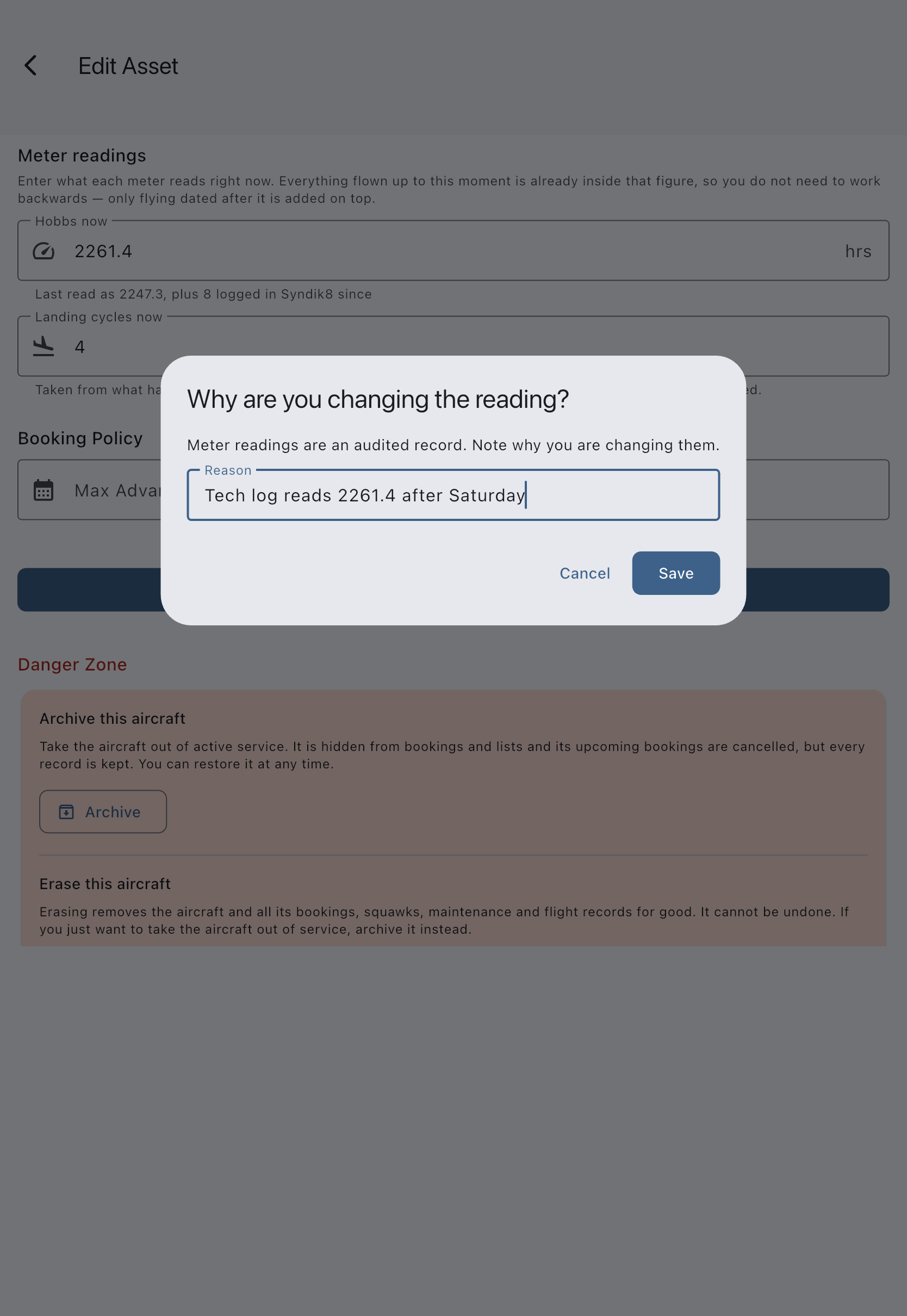 The prompt asking why the reading is being changed, with a short reason typed in