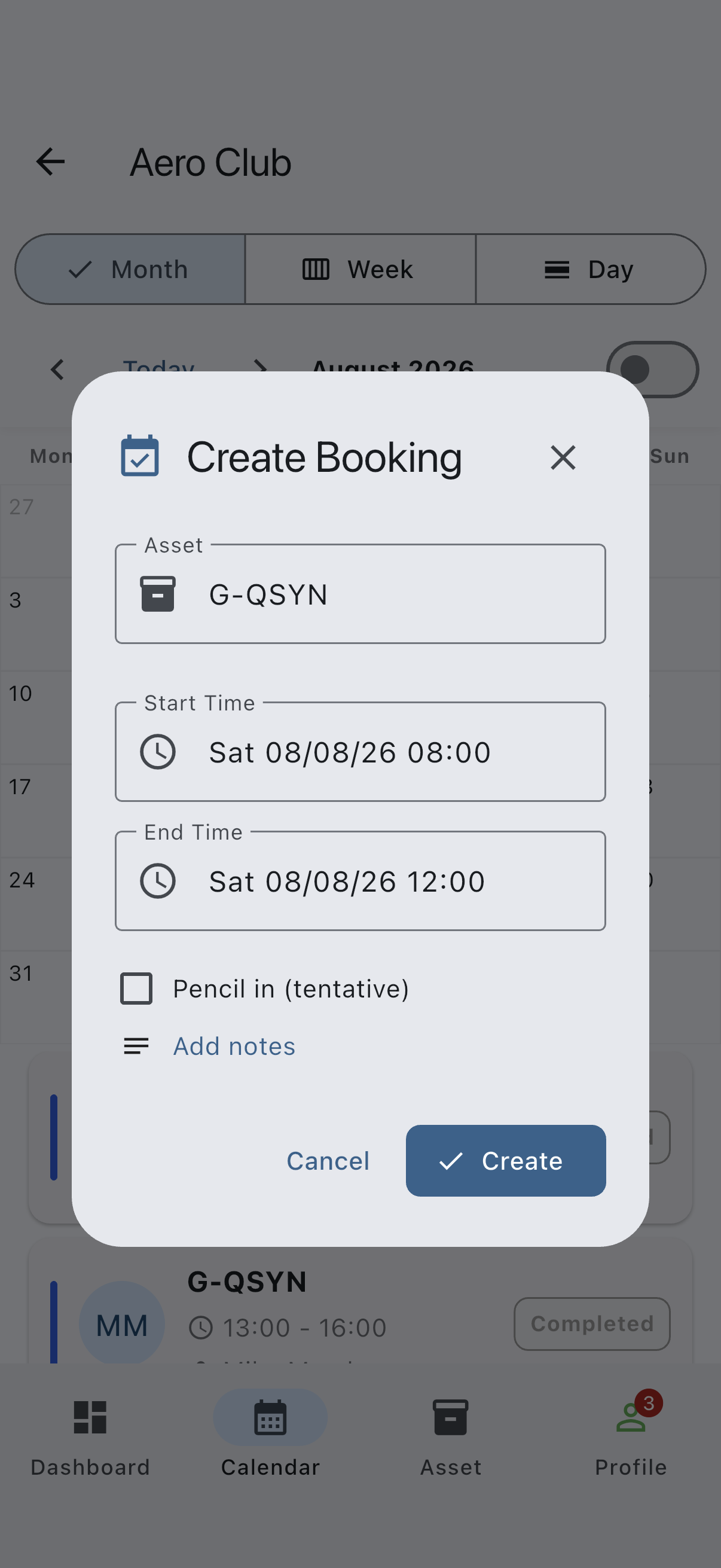 The create-booking dialog showing the read-only Asset field, start and end times, the Pencil in (tentative) checkbox, and the Create button