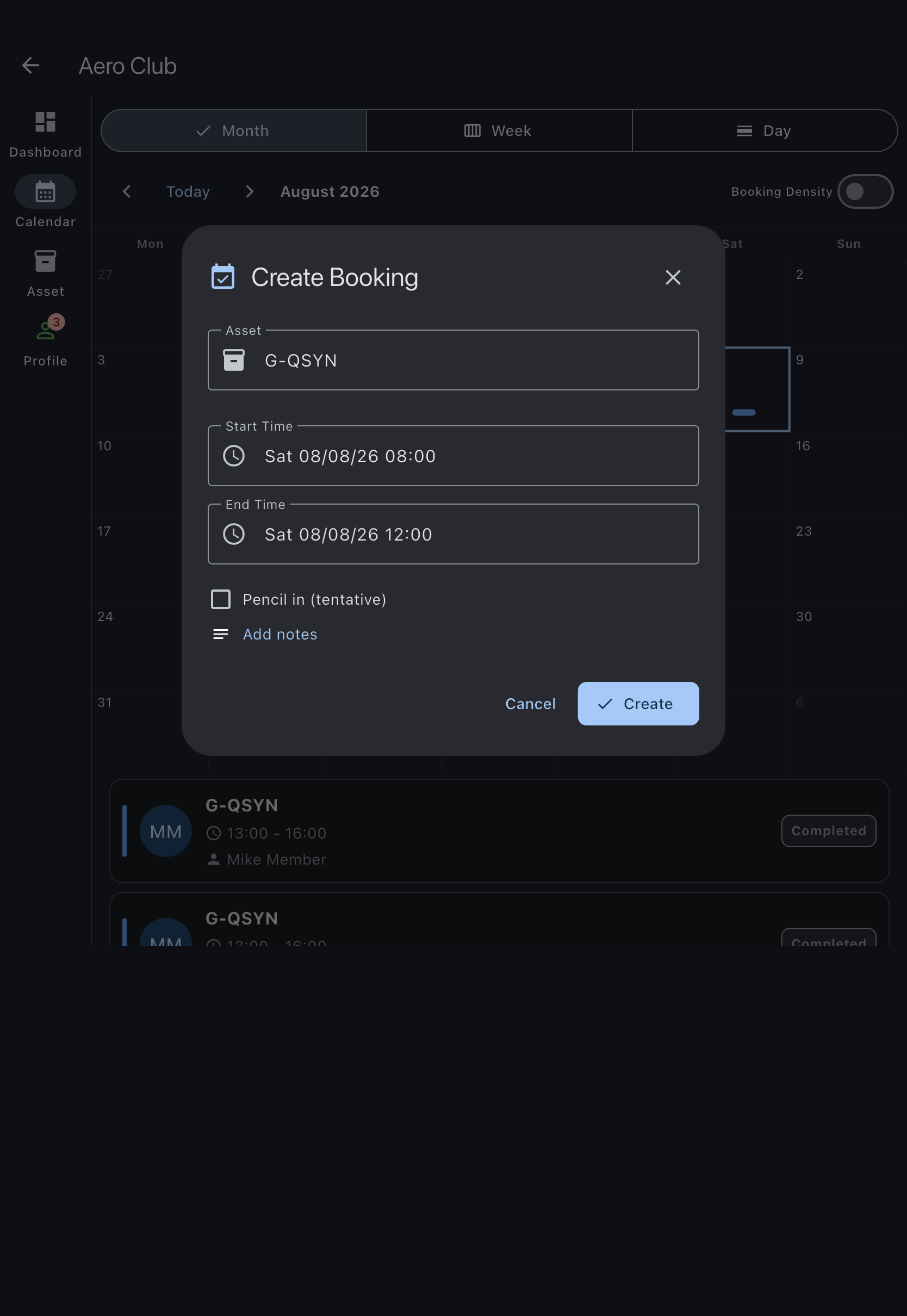 The create-booking dialog showing the read-only Asset field, start and end times, the Pencil in (tentative) checkbox, and the Create button