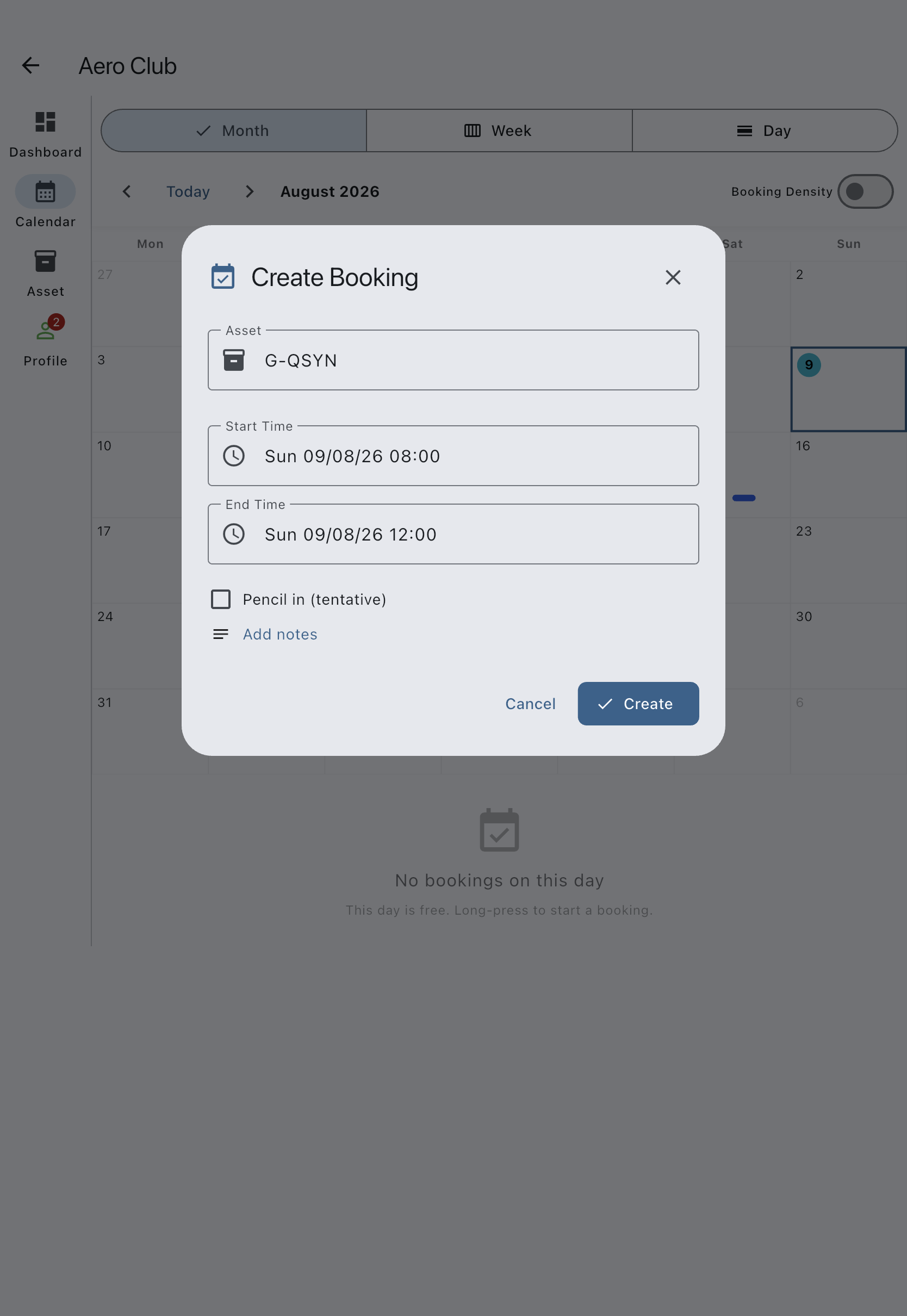 The create-booking dialog showing the read-only Asset field, start and end times, the Pencil in (tentative) checkbox, and the Create button