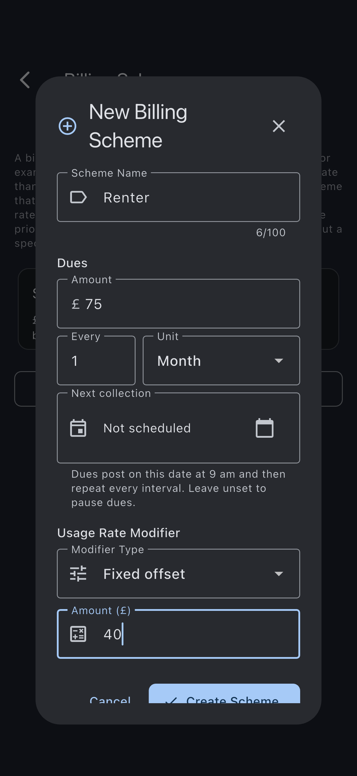 The create billing scheme screen with a scheme name, the dues amount and interval, and the usage rate modifier options showing Fixed offset and Percentage