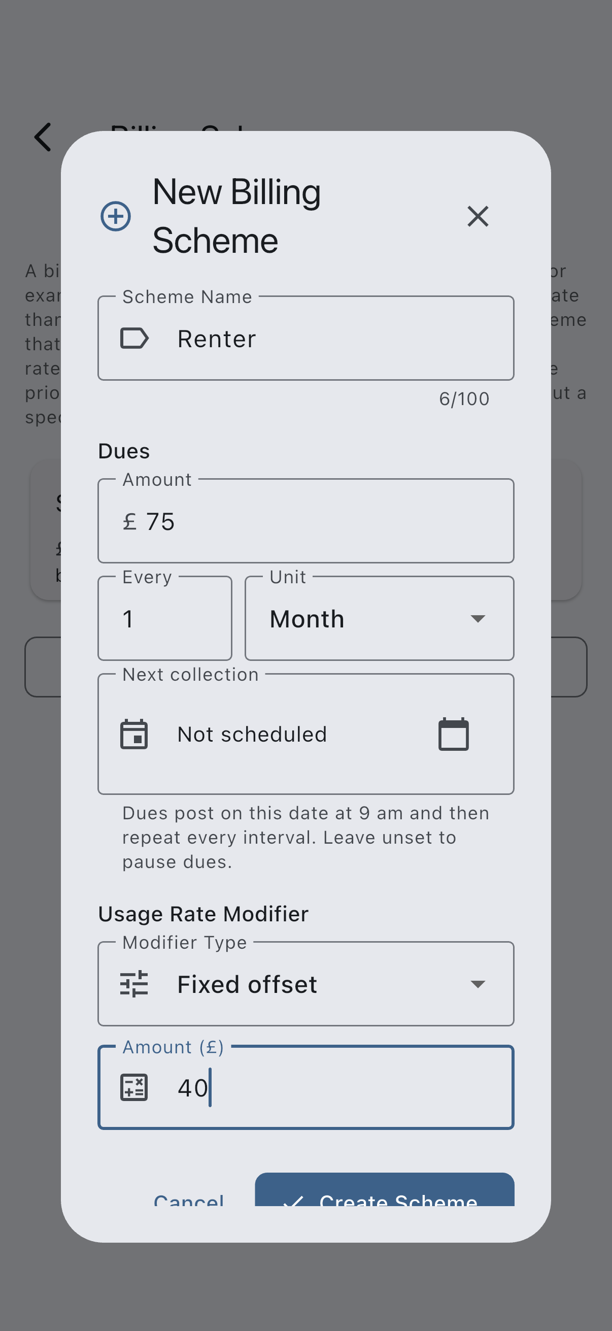 The create billing scheme screen with a scheme name, the dues amount and interval, and the usage rate modifier options showing Fixed offset and Percentage