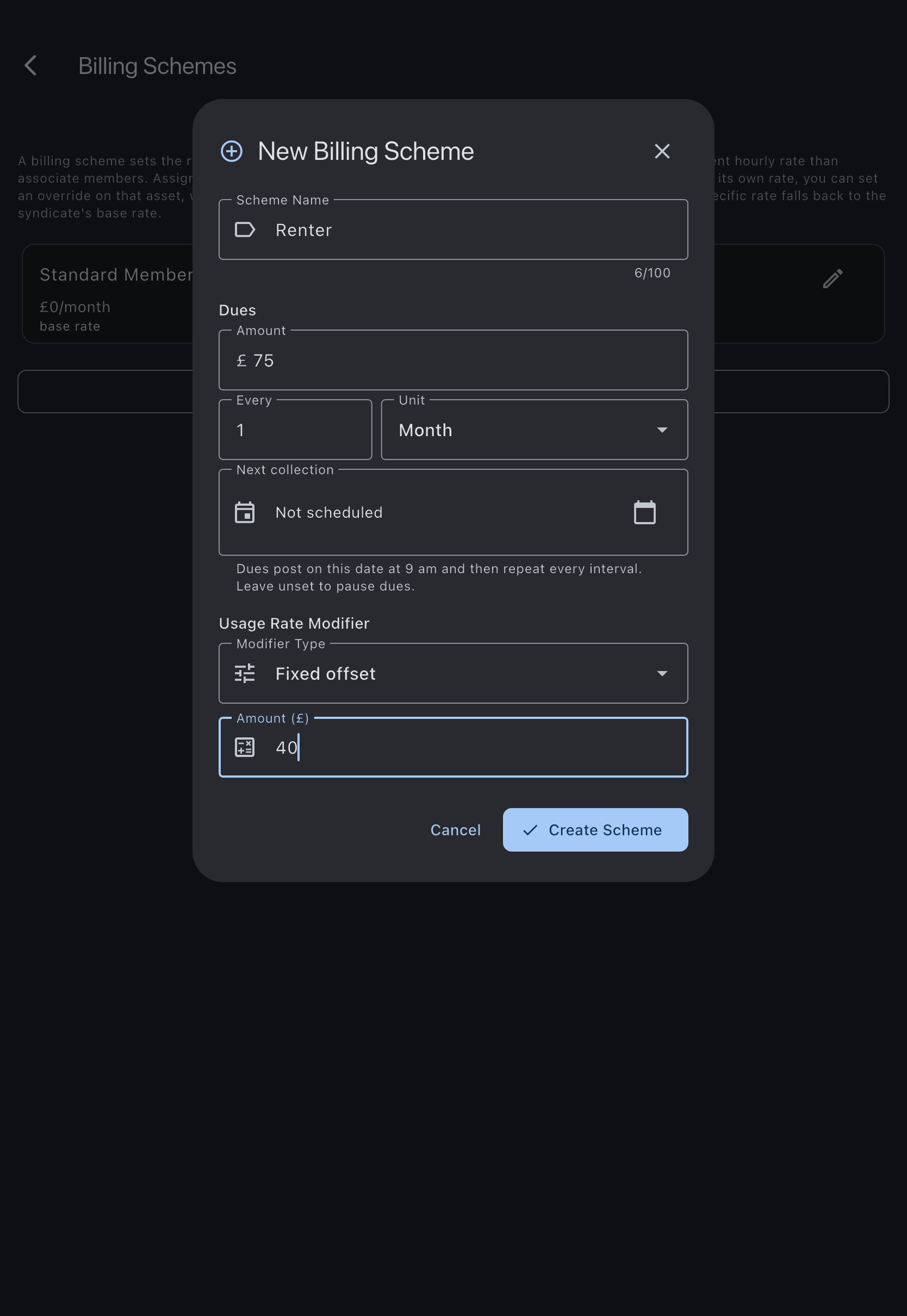 The create billing scheme screen with a scheme name, the dues amount and interval, and the usage rate modifier options showing Fixed offset and Percentage