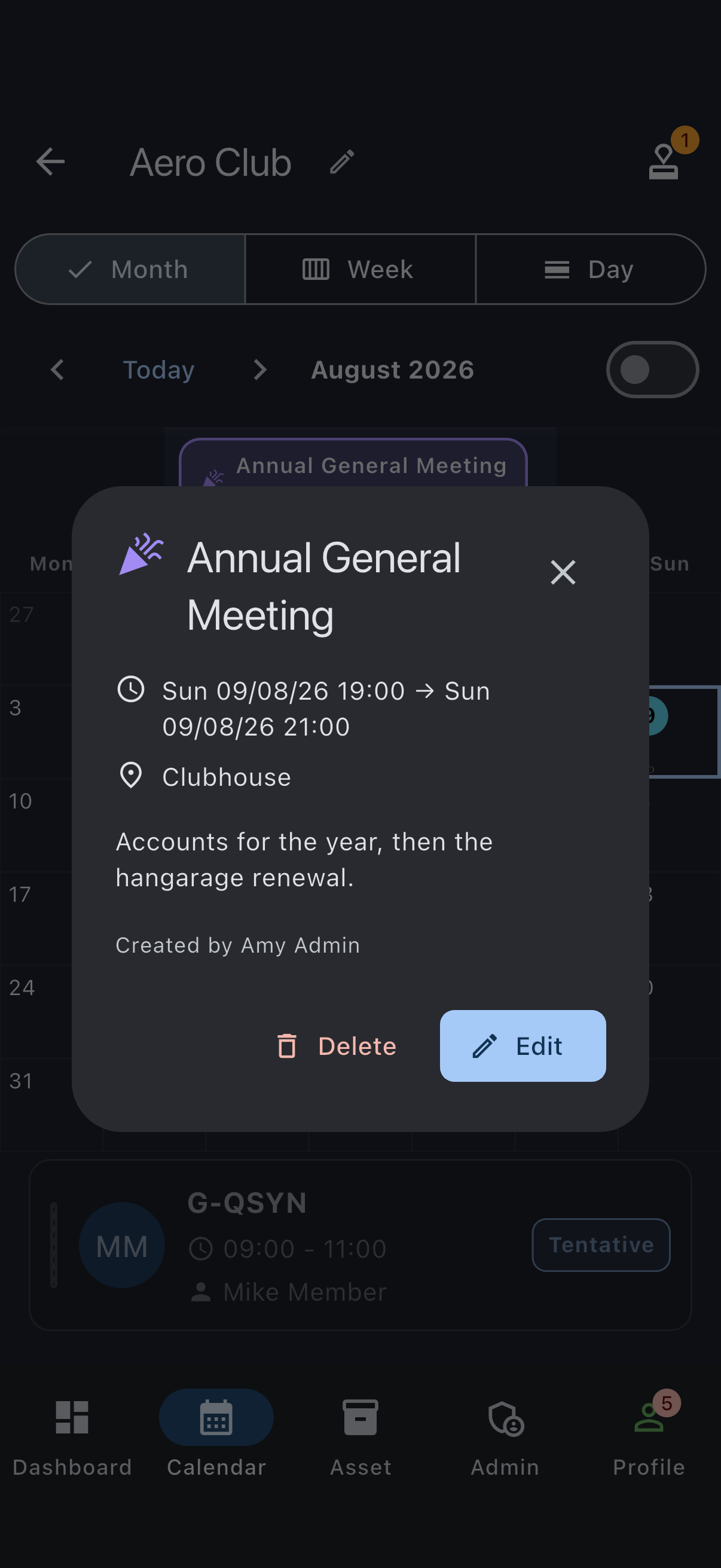 The event details dialog opened from the calendar, headed with the event title and showing its location, description and creator above the Delete and Edit buttons