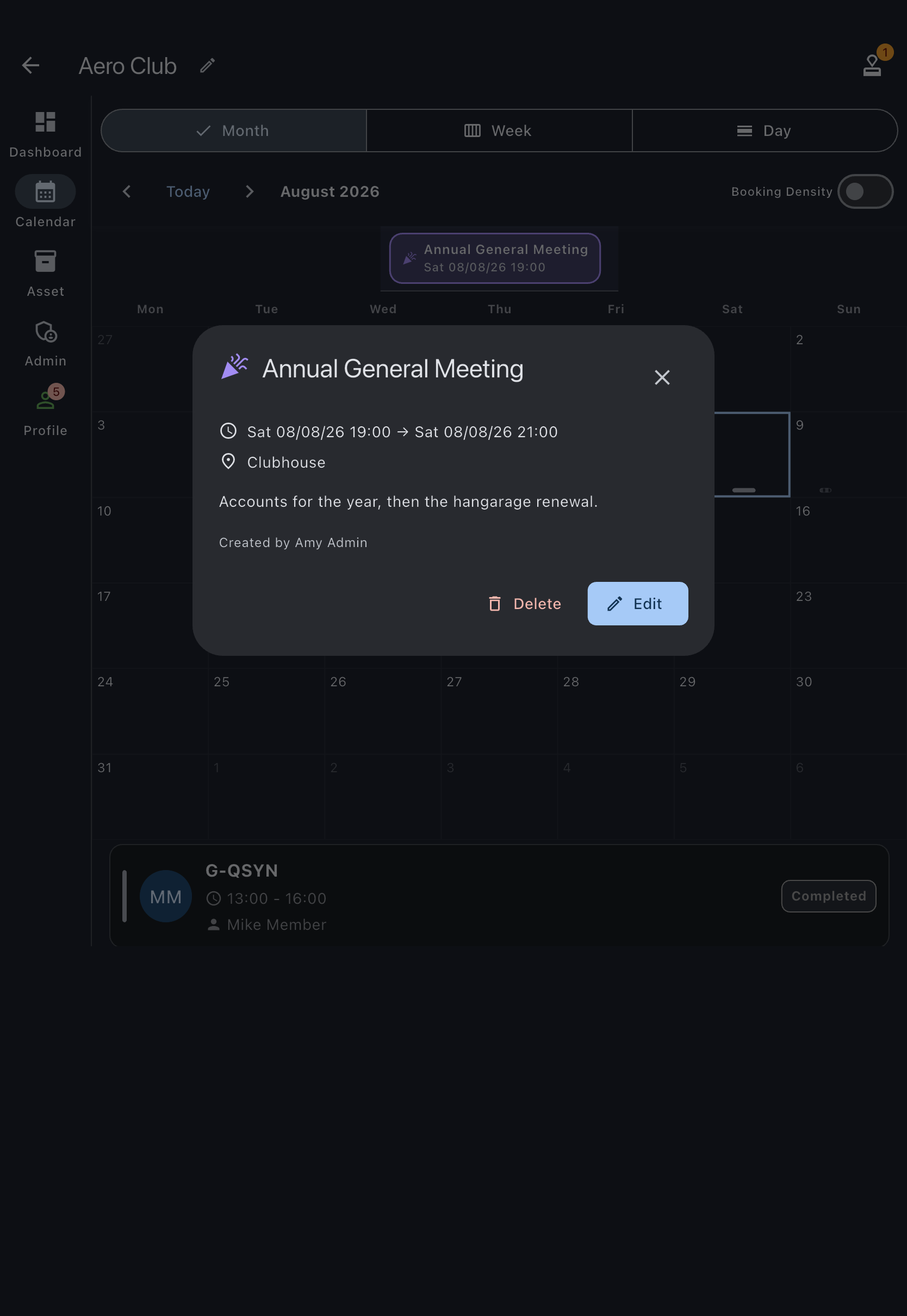 The event details dialog opened from the calendar, headed with the event title and showing its location, description and creator above the Delete and Edit buttons