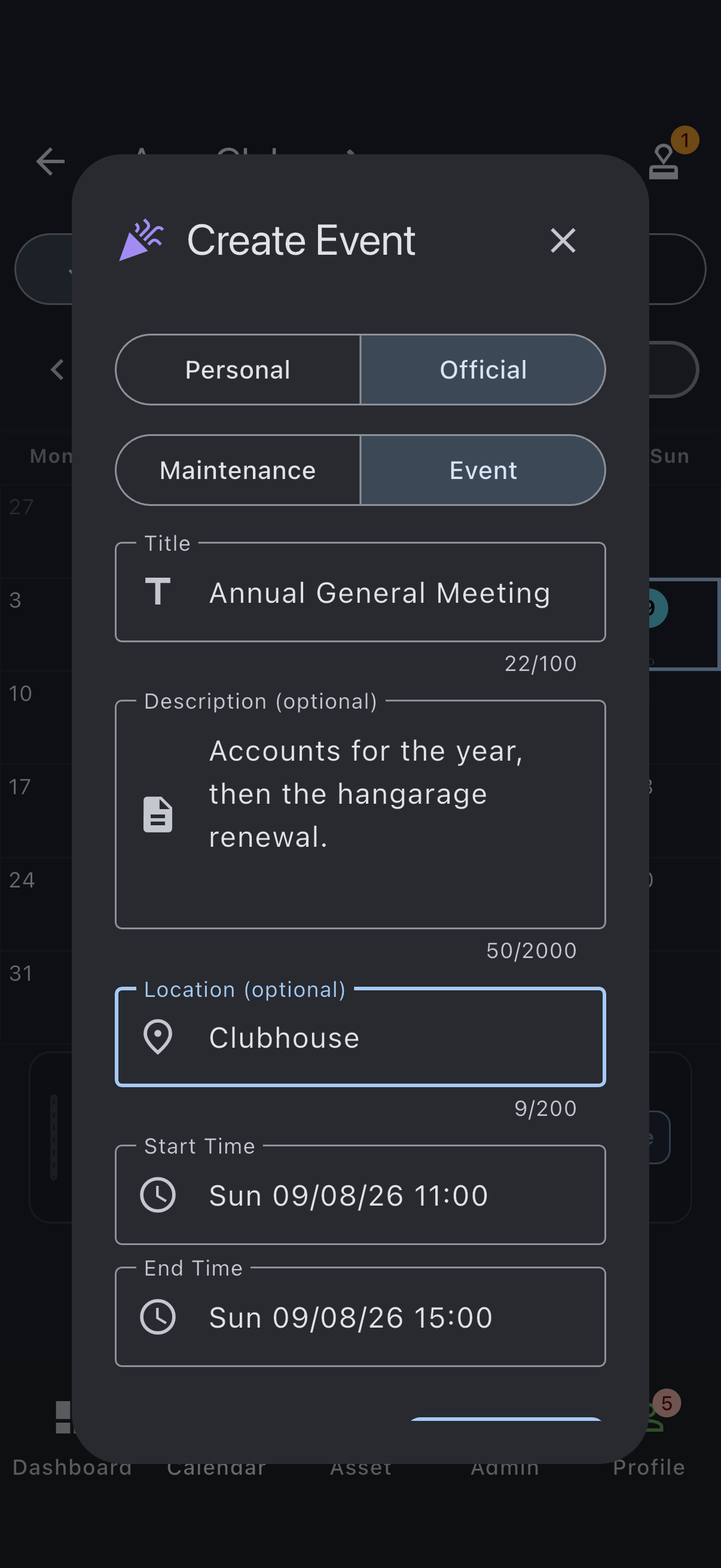 The create dialog in Event mode, titled Create Event, with Official selected on the top selector, Event selected on the Maintenance / Event sub-selector, and the Title, Description (optional) and Location (optional) fields below