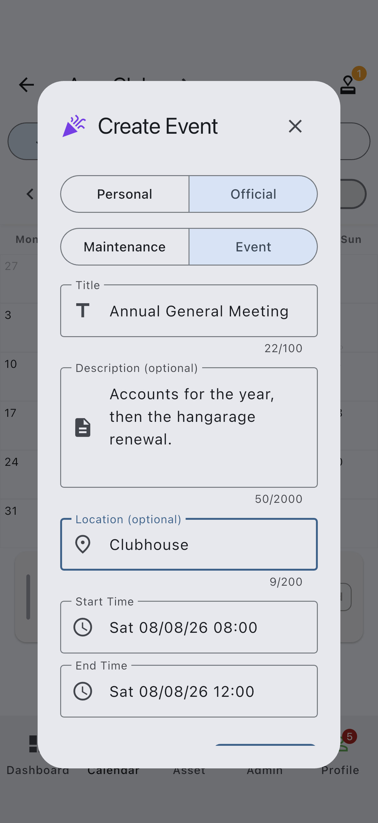 The create dialog in Event mode, titled Create Event, with Official selected on the top selector, Event selected on the Maintenance / Event sub-selector, and the Title, Description (optional) and Location (optional) fields below