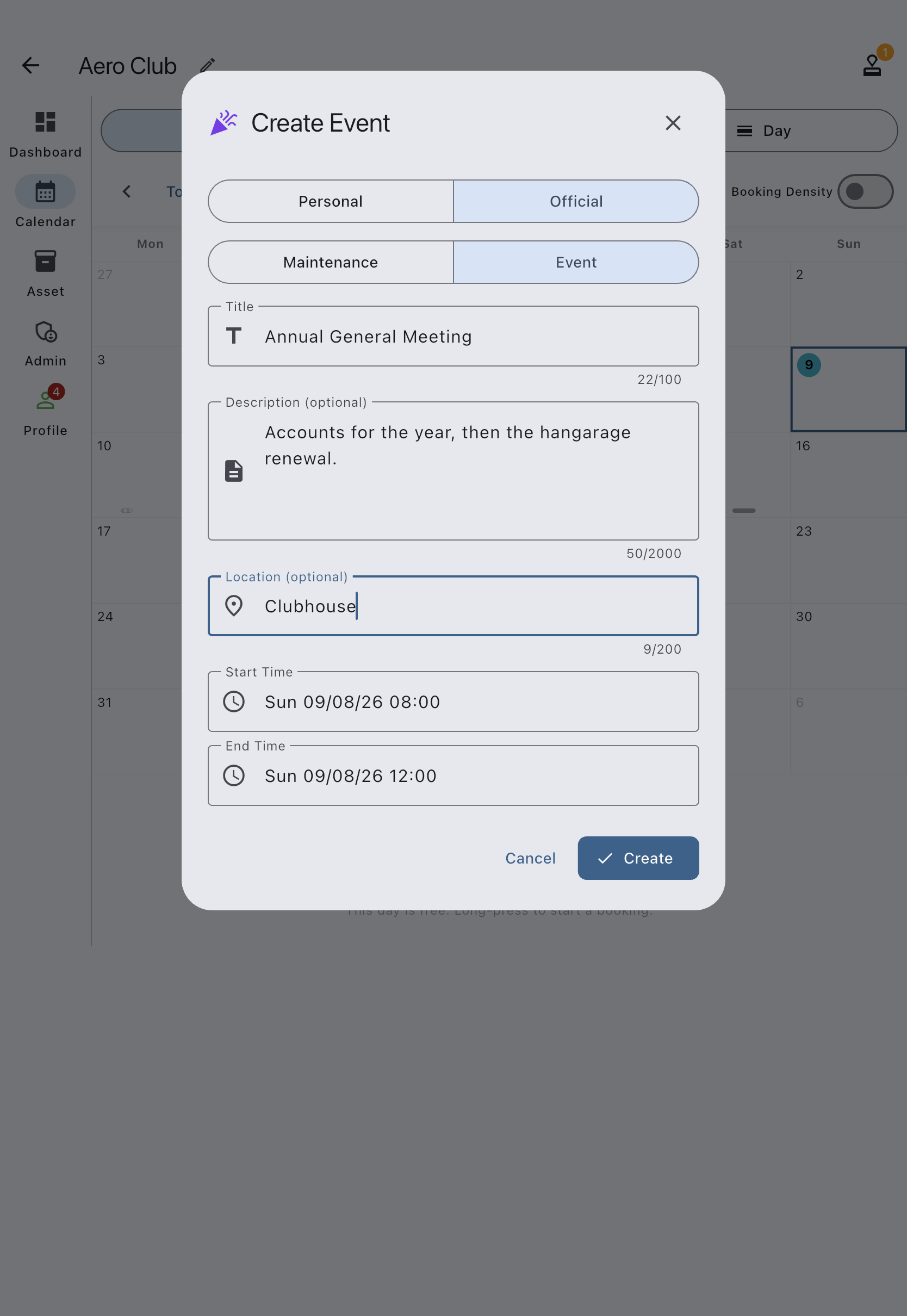 The create dialog in Event mode, titled Create Event, with Official selected on the top selector, Event selected on the Maintenance / Event sub-selector, and the Title, Description (optional) and Location (optional) fields below