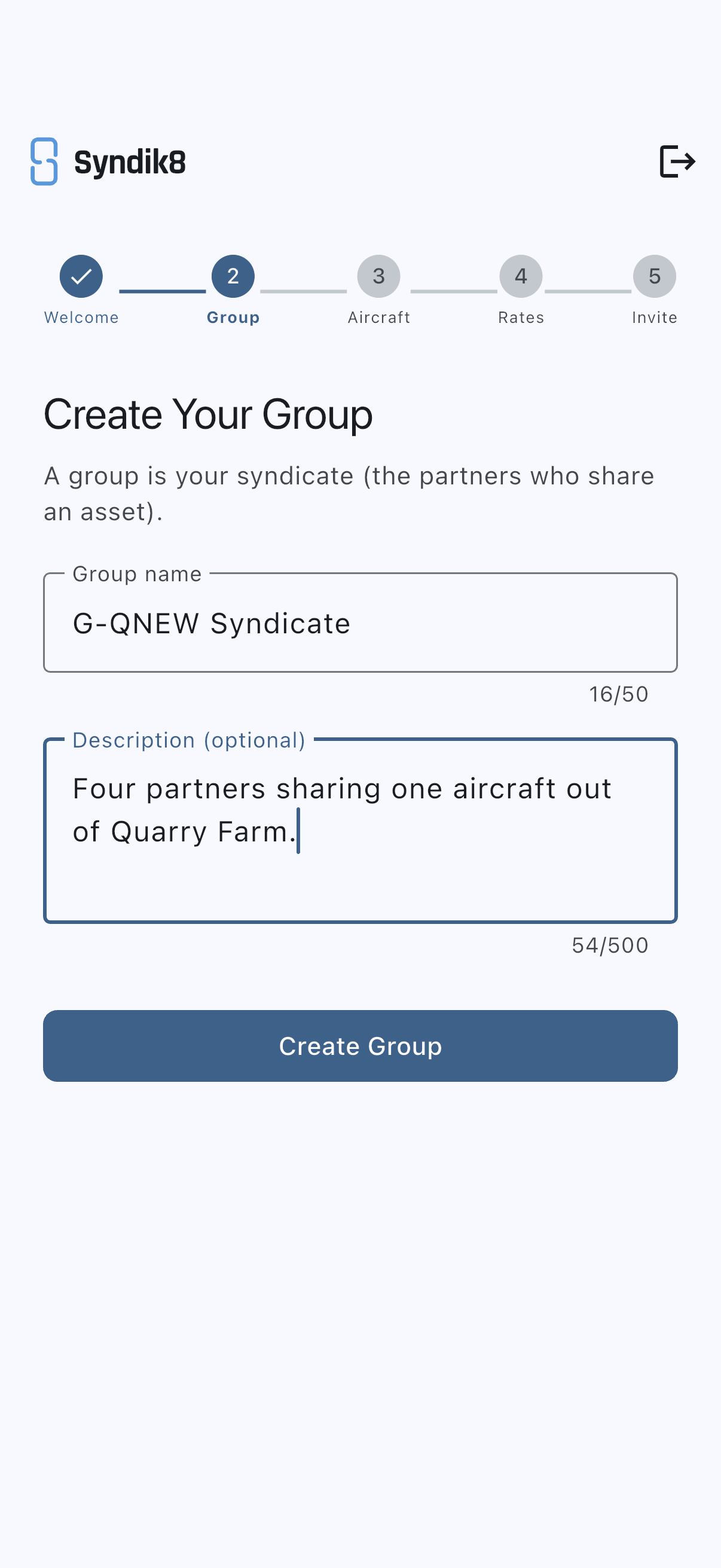 Create Your Group step with group name and description fields