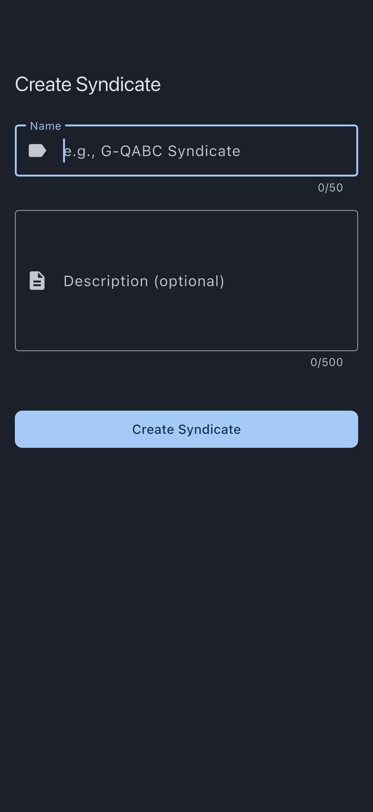 The Create Syndicate screen with the Name field, the optional Description field, and the Create Syndicate button